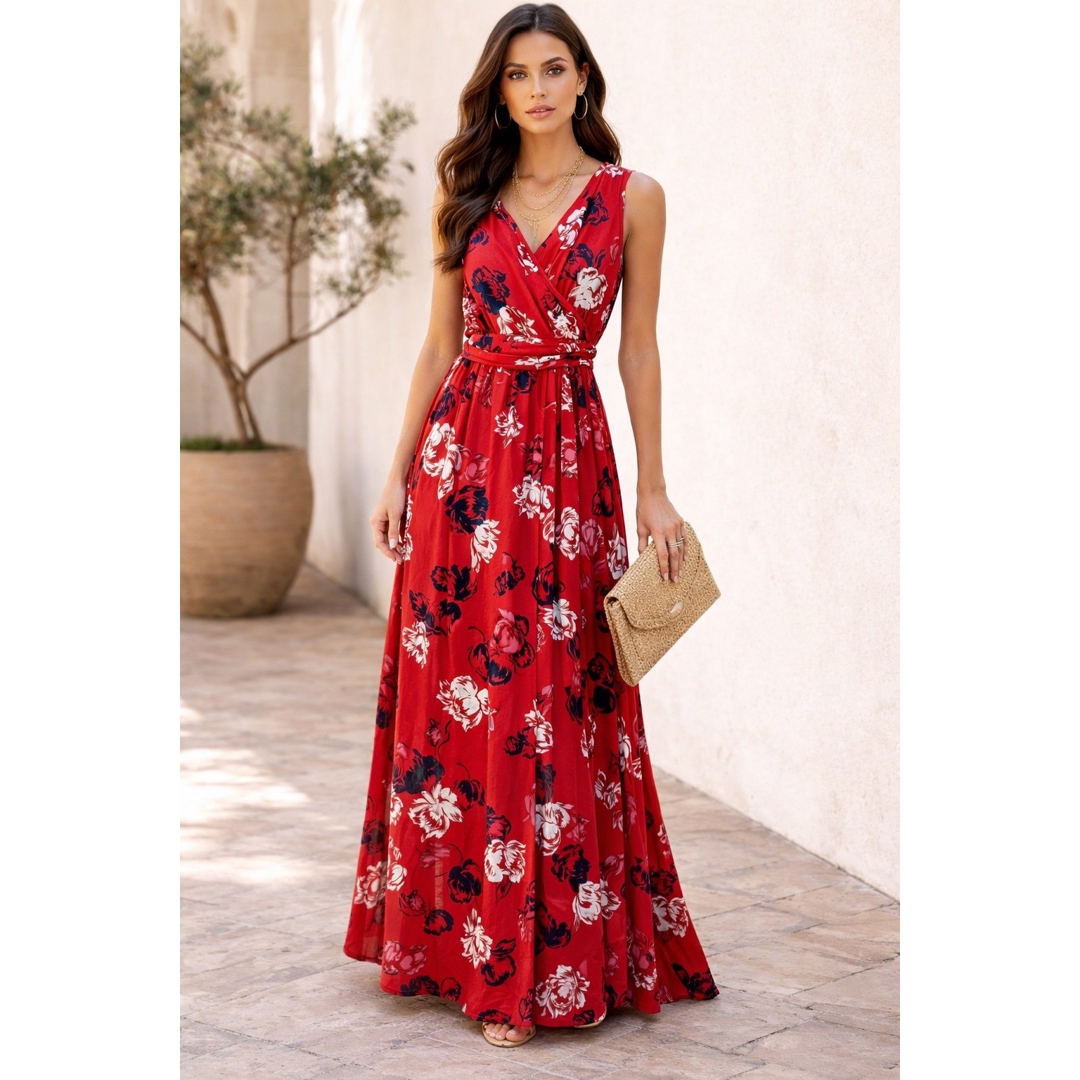 VICI Red Floral Wrap Maxi Dress Small –Tie Belt Side Slit Flowy Long Dress