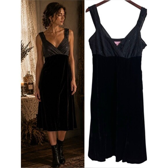 Bandolino Whimsigoth Black Velvet & Sequin Chiffon Midi Dress Practical Magic 14