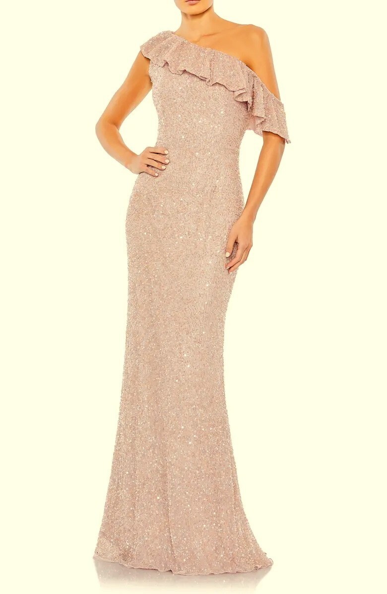 Mac Duggal Mocha One-Shoulder Sequin Trumpet Gown Size 4 $498