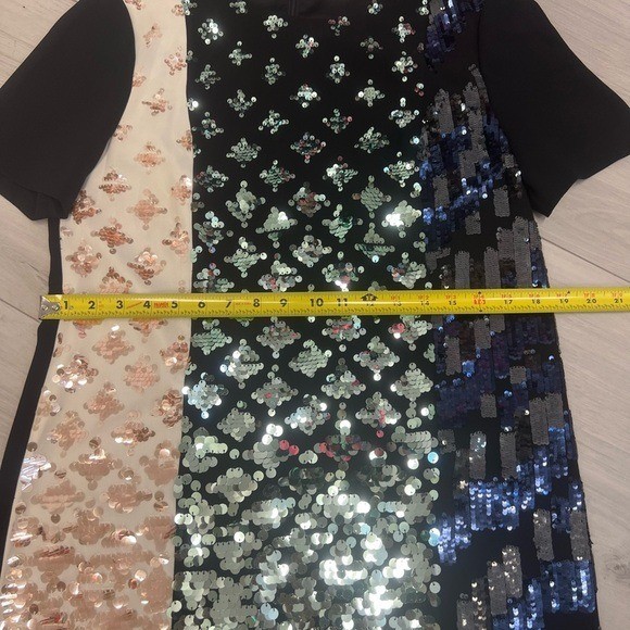 Tory Burch Retro Sequin Colorblock Shift Dress Black Cream Sz L Mob Wife Luxury