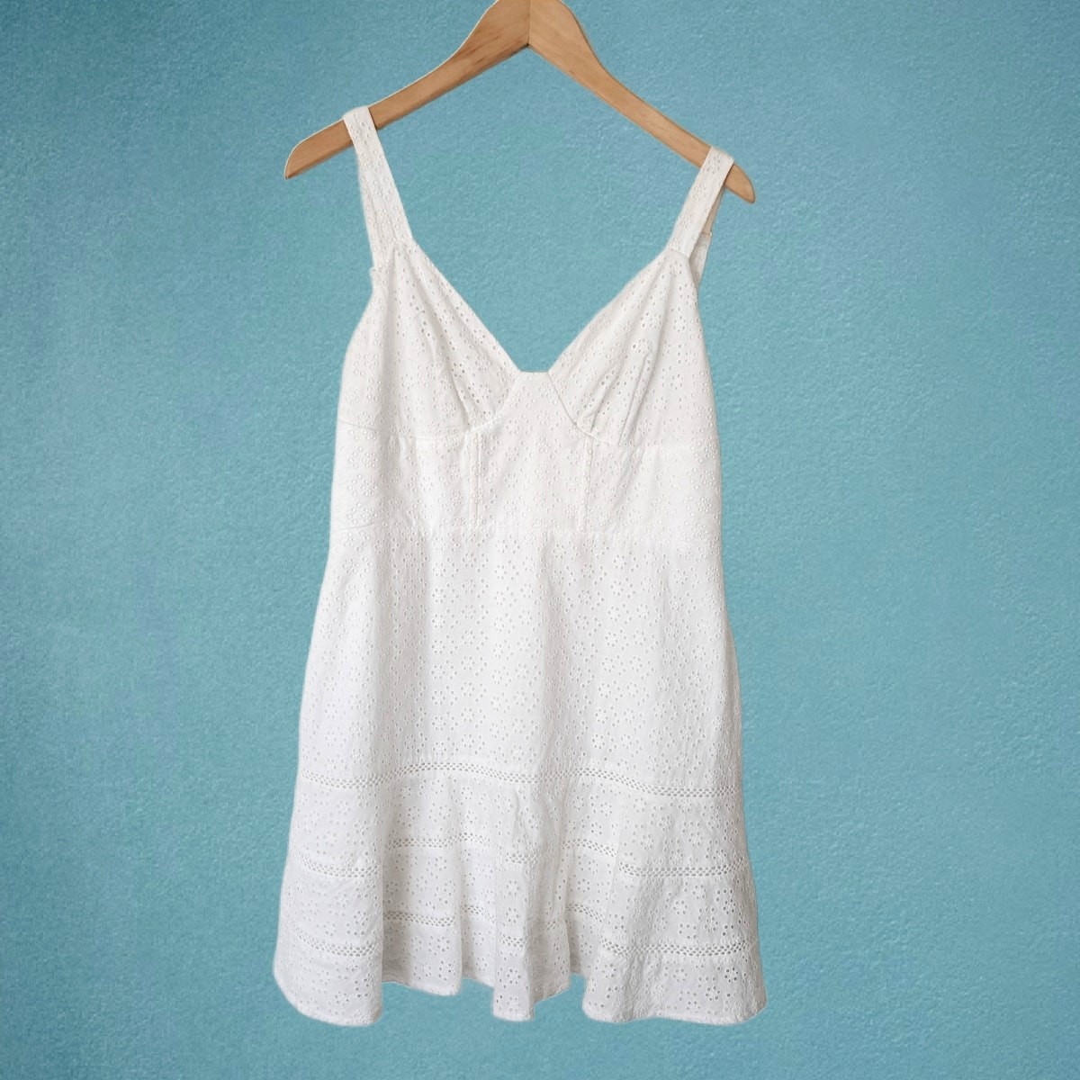 Anthropologie Mare Mare Tatum White Eyelet Mini Dress Large Flare Hem Coquette