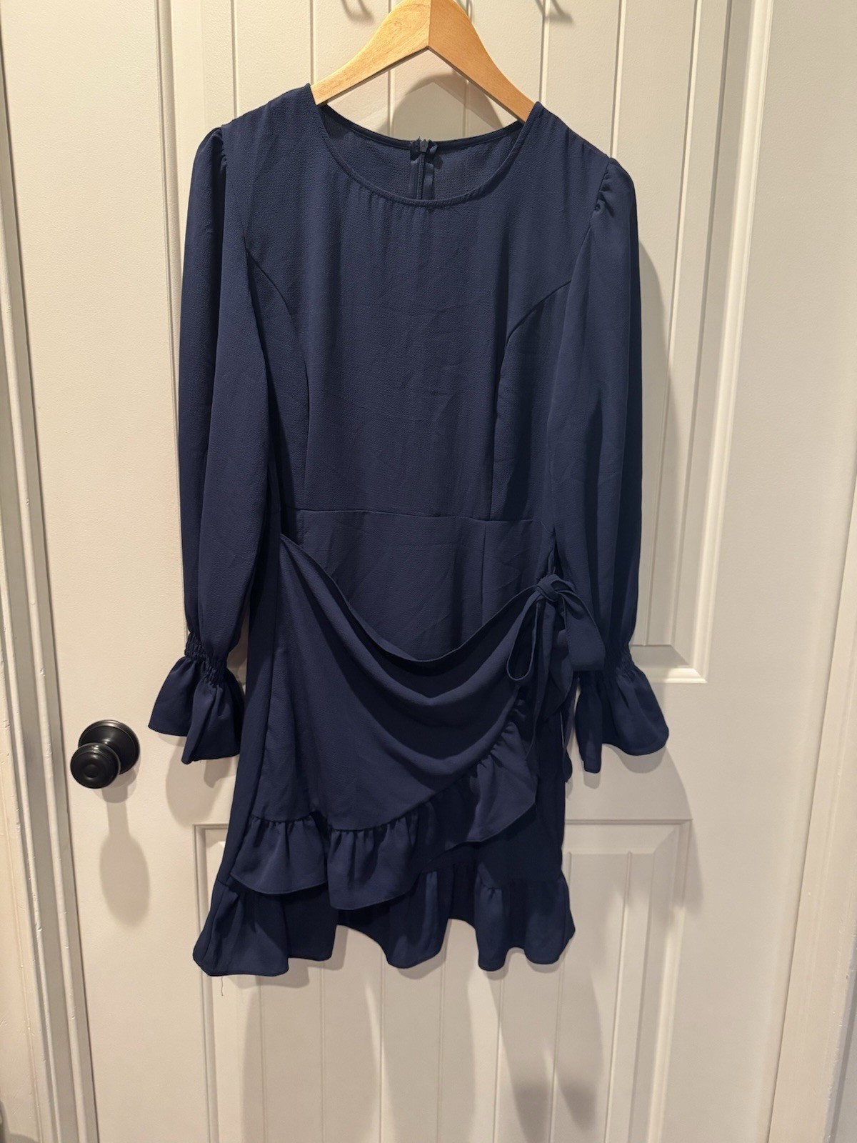 Weepinlee Navy Blue Long Sleeve Ruffle Faux-Wrap Mini Dress – Size M