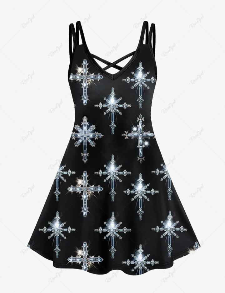 Gothic Glitter Cross Print Crisscross Cami Dress Womens Plus 4X US 20