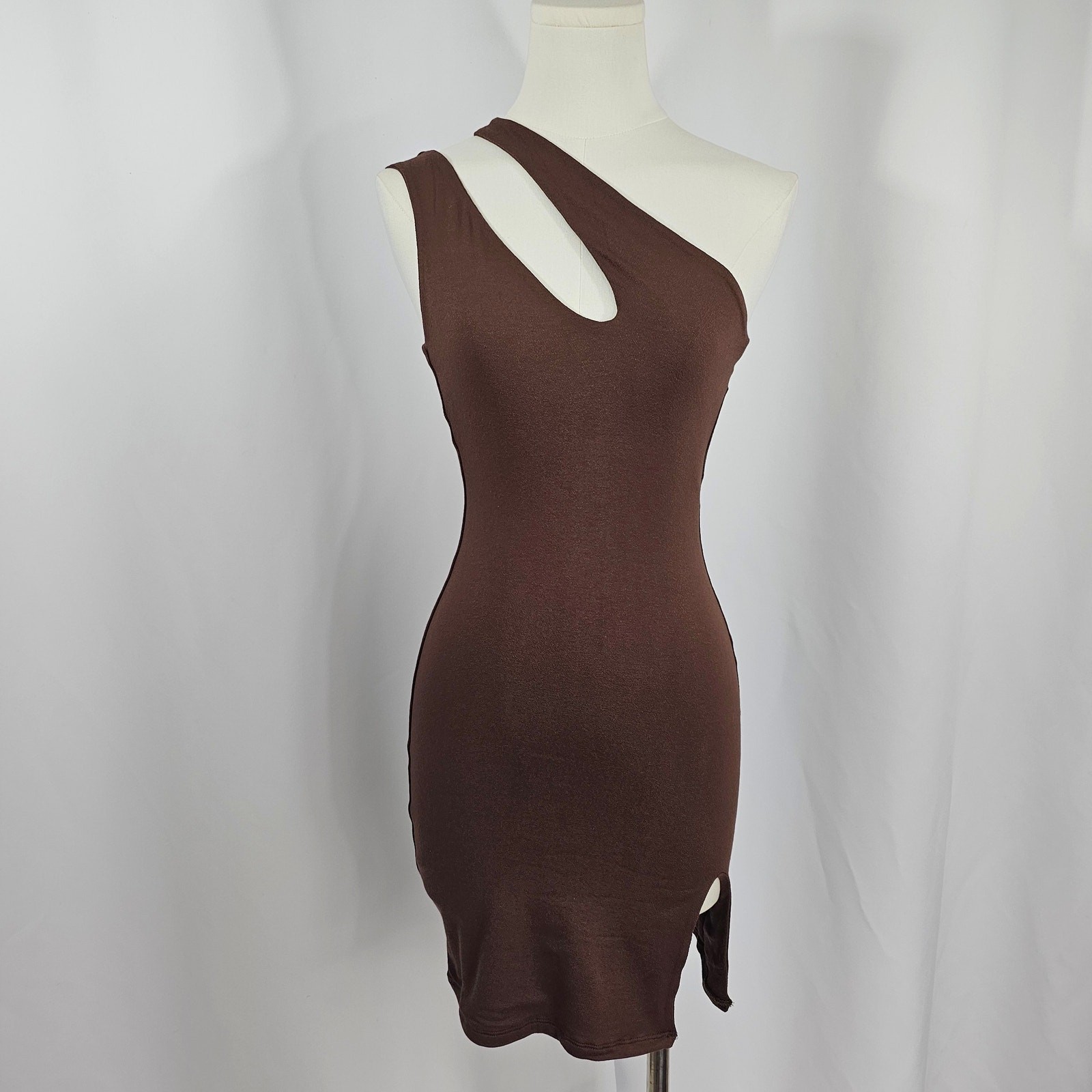 Naked Wardrobe Brown One Shoulder Front Slit Bodycon Mini Dress Size M NWOT