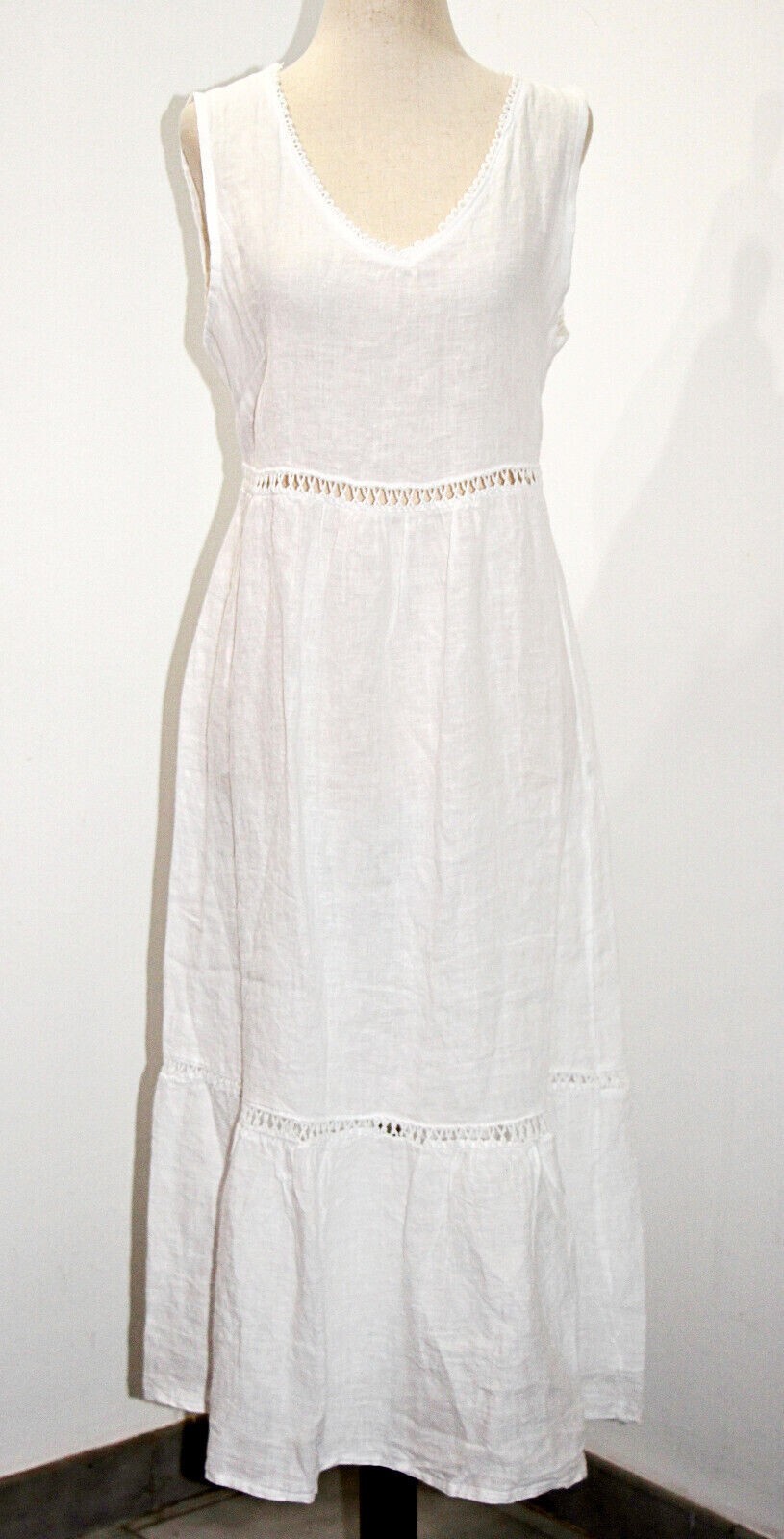 Valentina Naldi 100% Linen Crochet Trim Tiered Summer Dress sz M Made in Italy