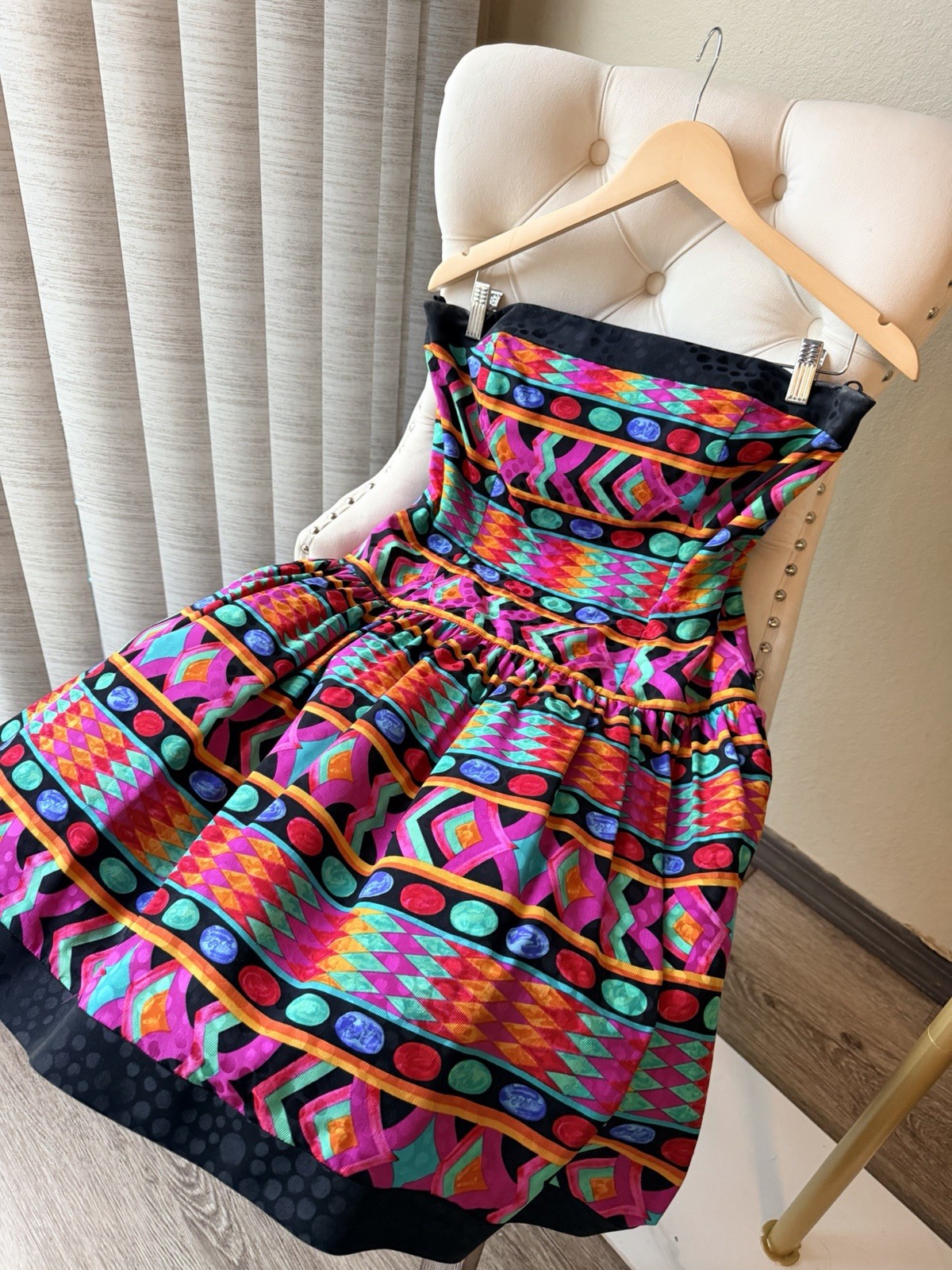 🌹 A.J. Bari Multicolor Silk Geometric Fit & Flare Strapless Knee Dress Size 12