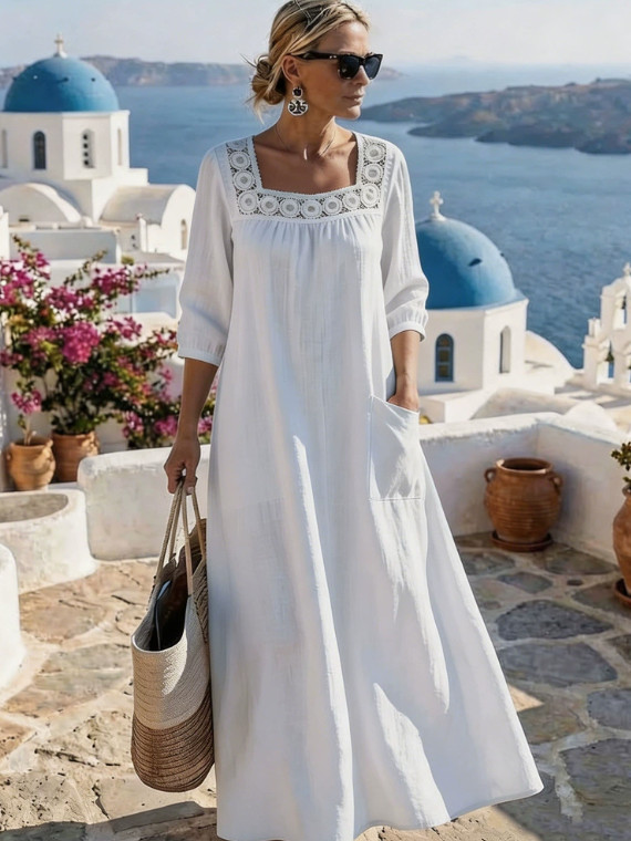 Womens Square Neck Maxi Dress 3/4 Sleeve Casual Loose Boho Long Dress 5 Colors