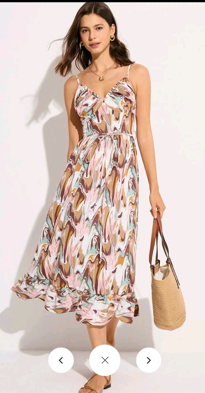 COMMENSE M Multicolor Abstract V-Neck Midi Dress Ruffle Adjustable Straps