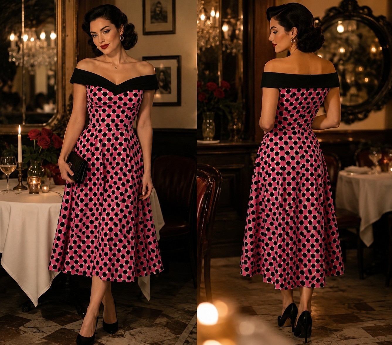 Hearts & Roses Off Shoulder Pink Black Polka Dot Midi Dress 4 Rockabilly Retro