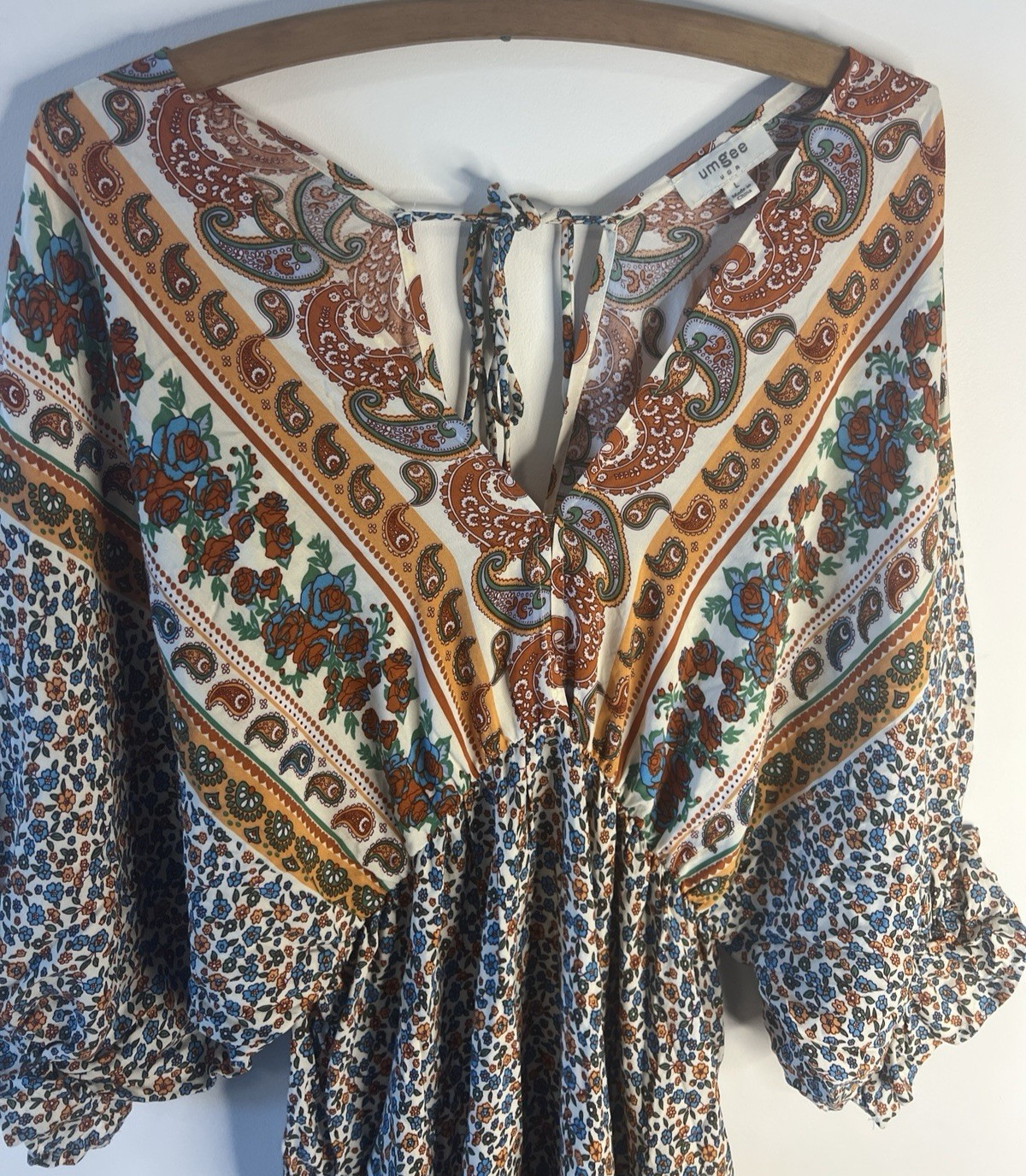 Umgee L Southwestern Bell Sleeve Peasant Cottagecore Prairie Boho Dress Summer