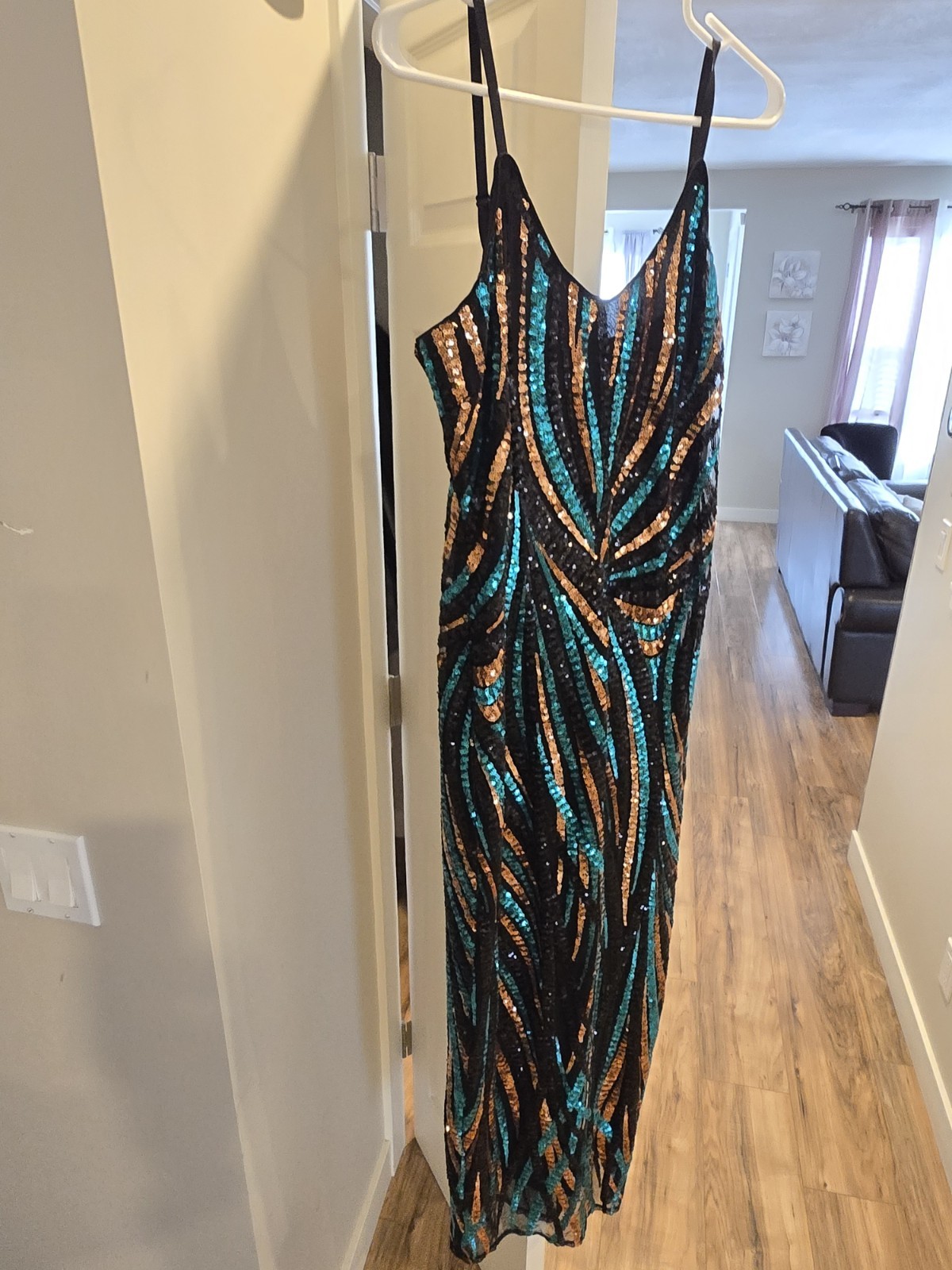 Venus Woman’s Turquoise Gold and Black Sequin Maxi Dress with Slit Size 12(US)