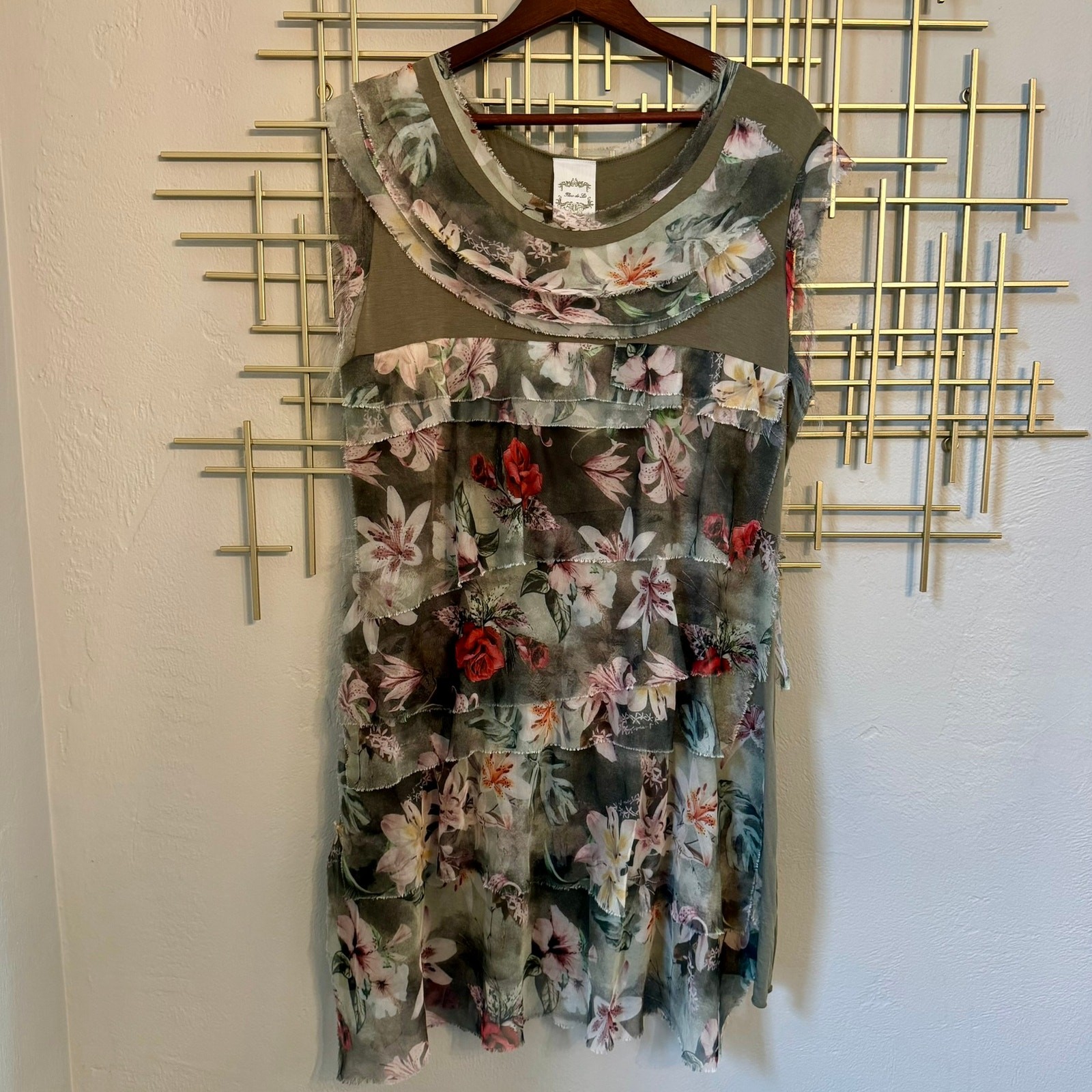 Fleur de Lis XL Tiered Floral Mesh Midi Dress Raw Edge Boho Cottagecore