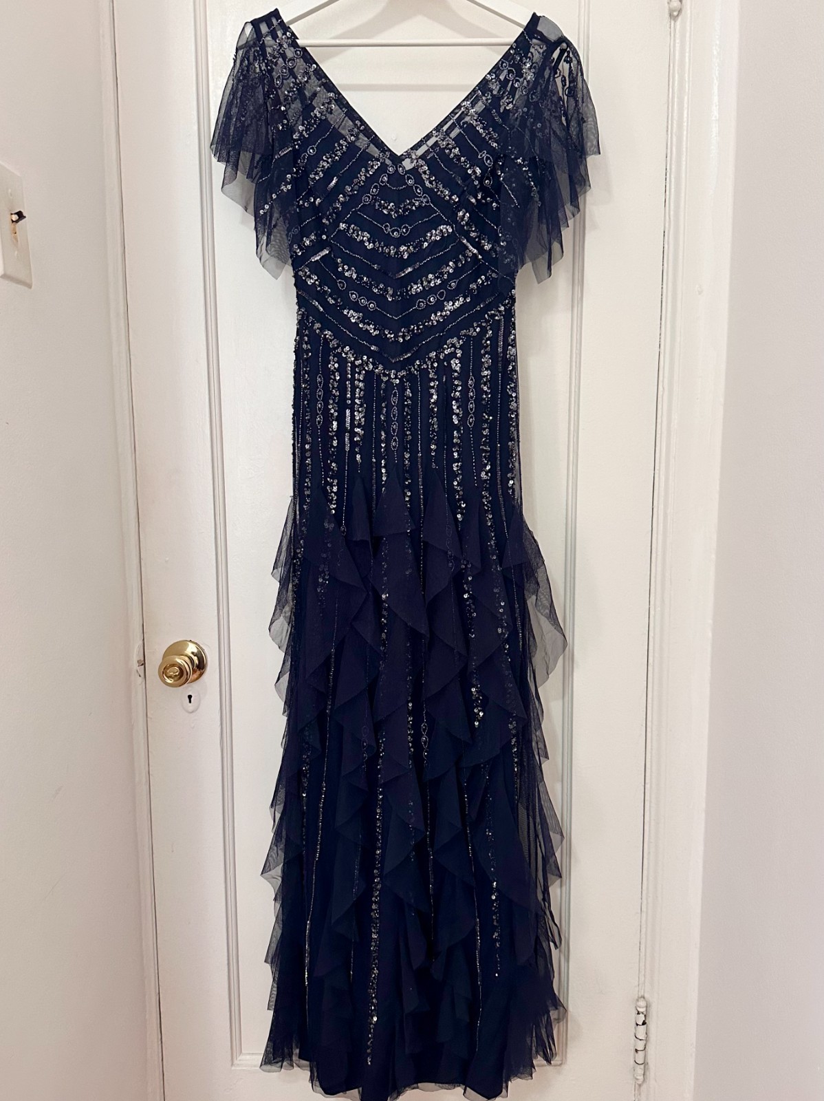 Adrianna Papell Women 4 Navy Sequin Beaded Ruffle Long Evening Gown Dress