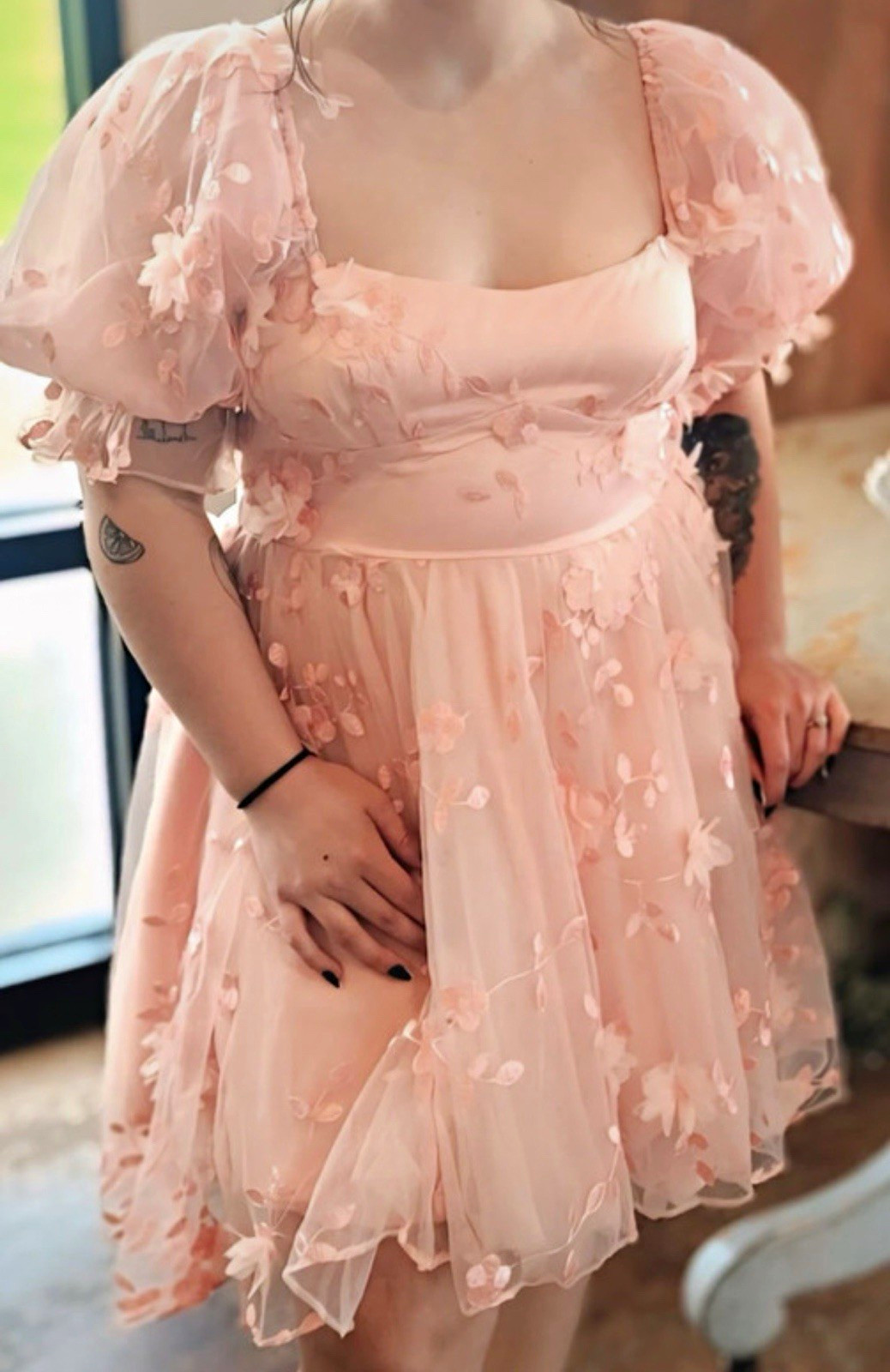 Selfie Leslie Pink Floral Embroidered Puff Sleeve Mini Dress Lined L