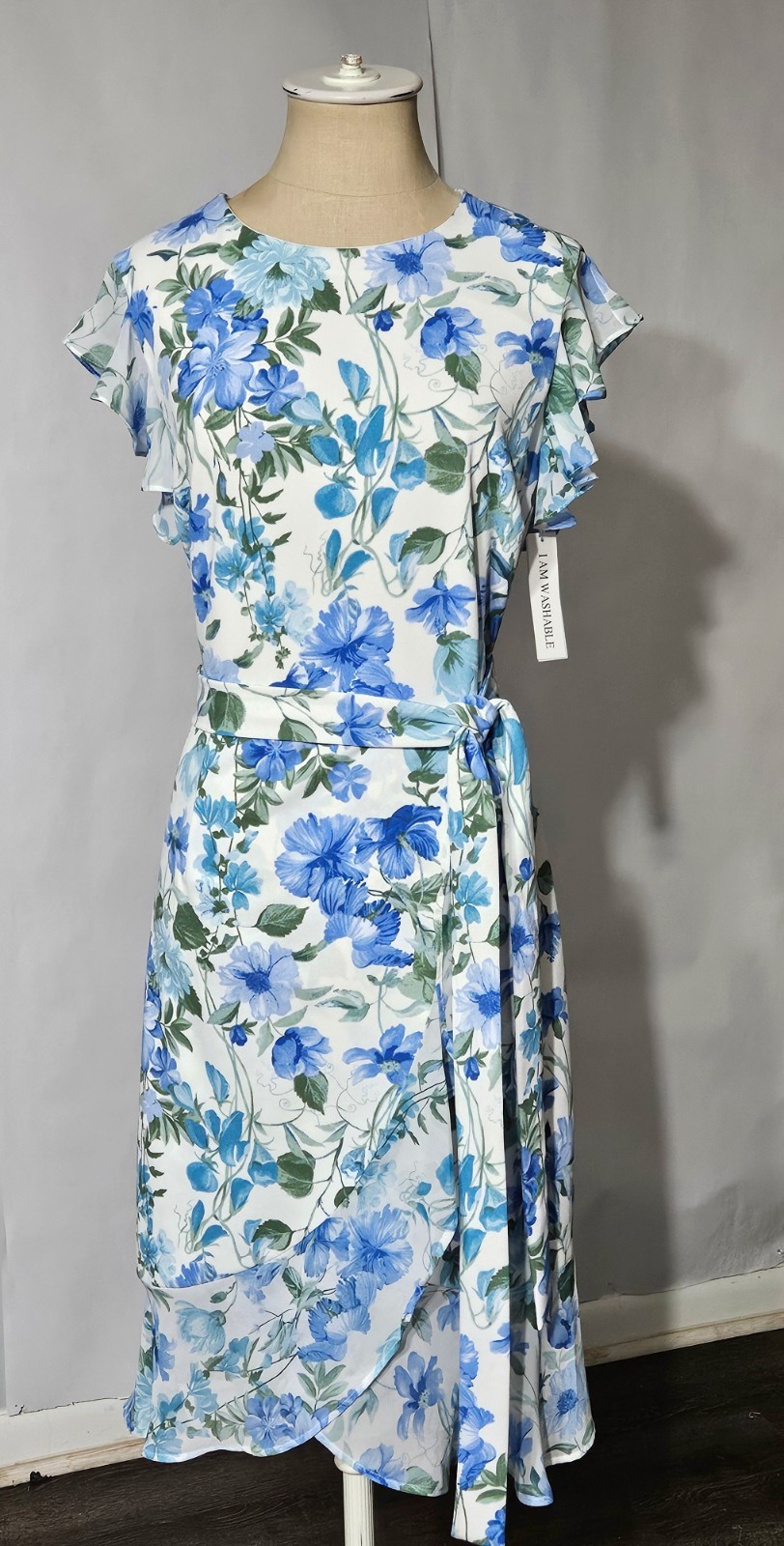 Shelby & Palmer Blue Floral Faux Wrap Ruffle Belted Sheath Dress