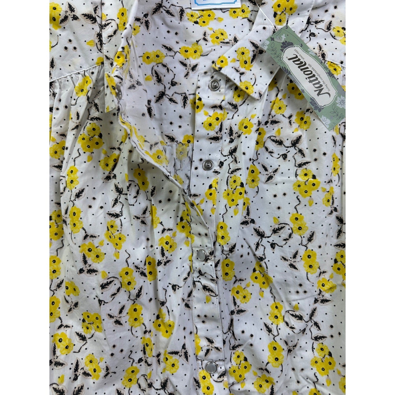 National 1X New Floral Polka Dot Snap Front Duster House Dress White Yellow 1952