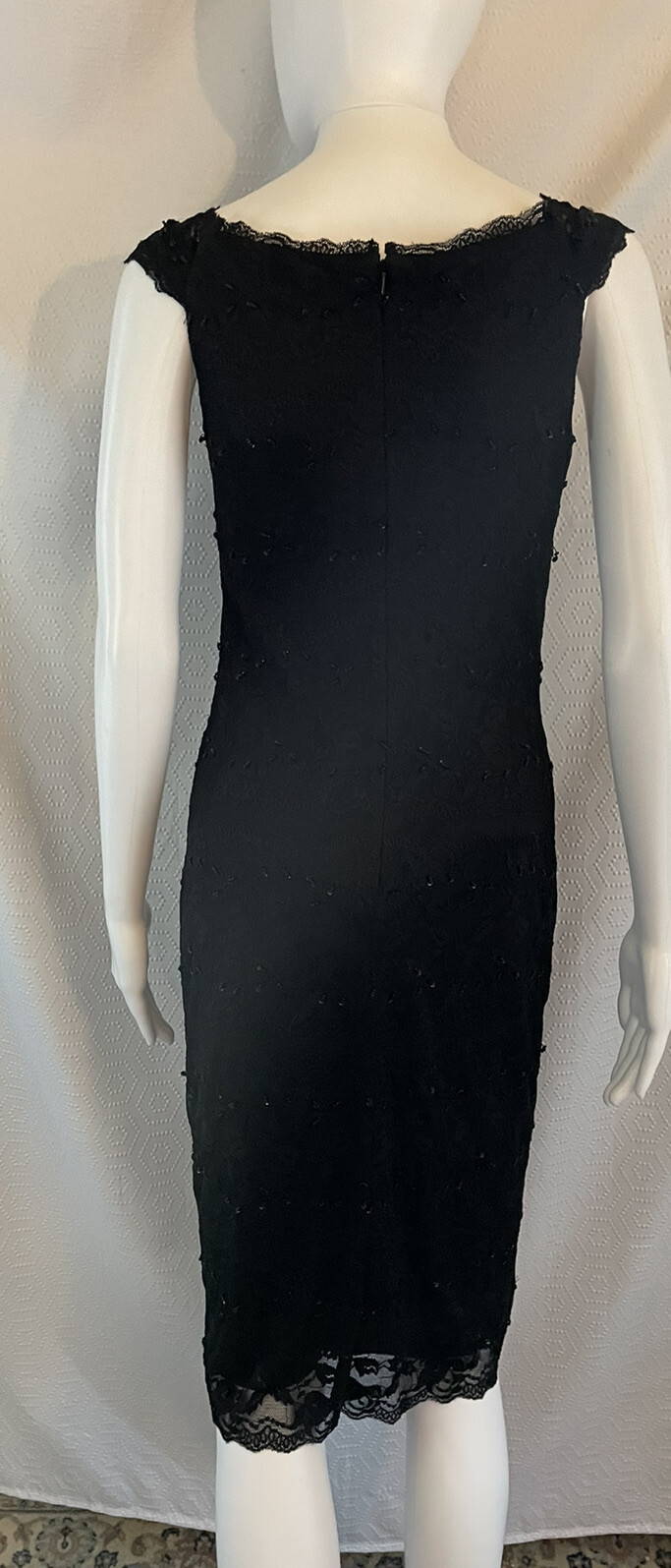 Marina Floral Lace Sequin Black Fitted Cocktail Dress Womens 4 Beaded