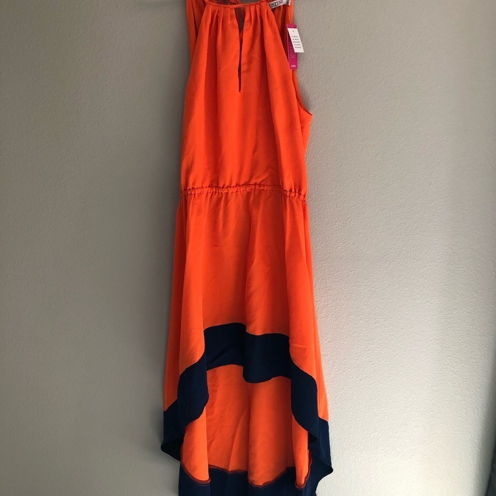 JUSTFAB Womens Junior Dress High Low Orange Navy Blue M Elastic Drawstring