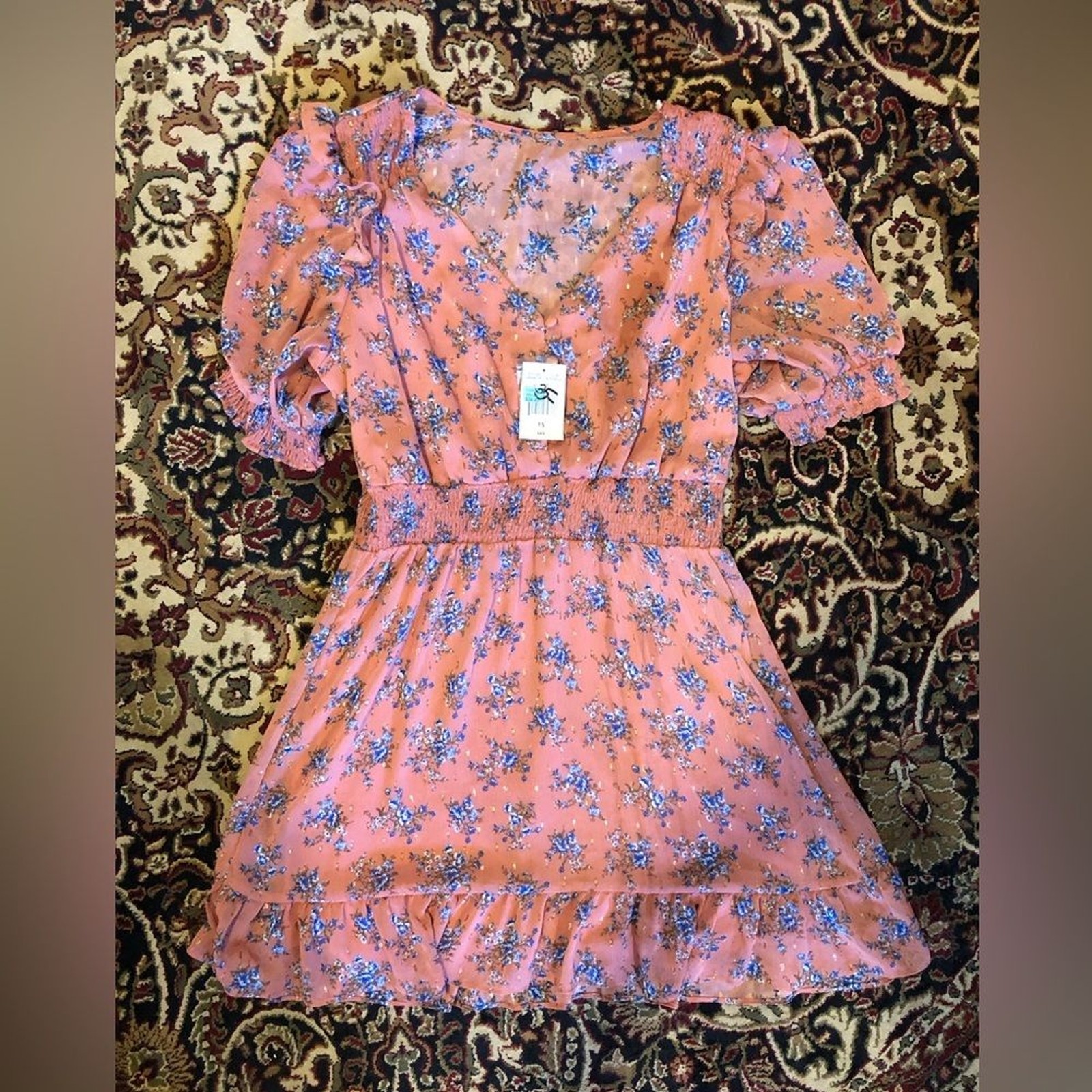 B. Smart Pink peach and Blue Floral Dress ruffles smocking 15 NWT