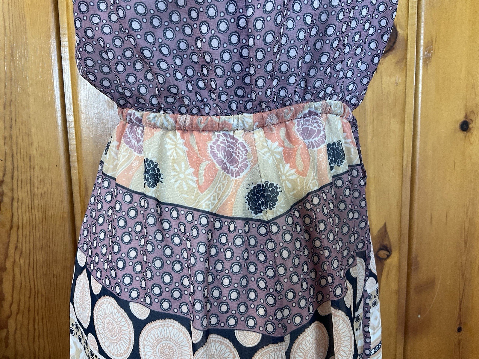 Medium Strapless Dress Purple Tan Paisley Boho Pattern Light Navy Blue Stripe
