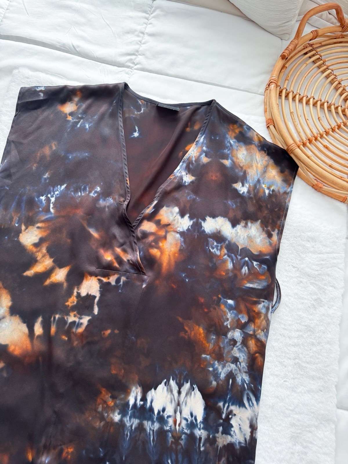 Riverside Tool & Dye Luca Silk Charmeuse Kaftan Midi Dress Brown Tie Dye 1 XS/S