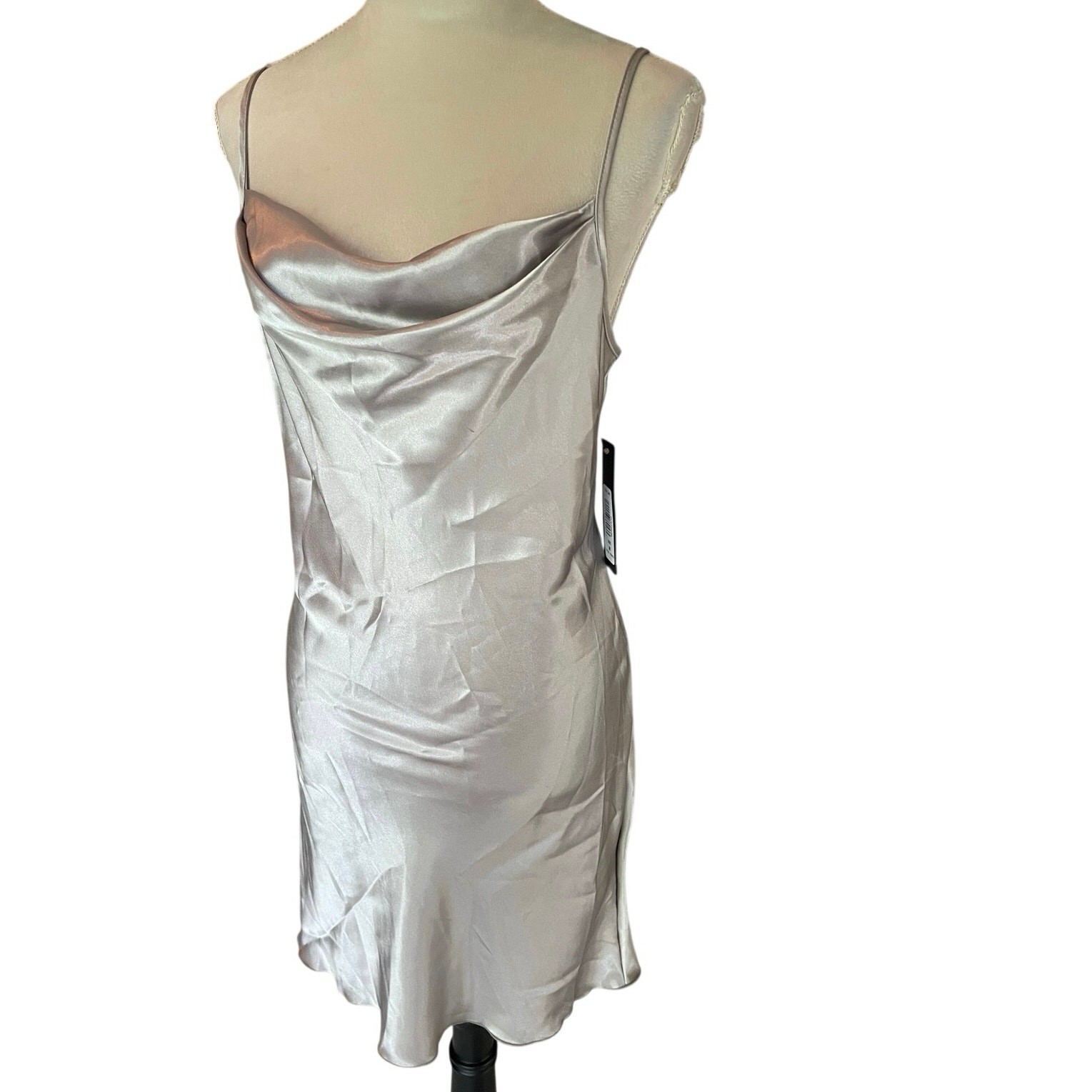 BEBE “Platinum” silver satin slip mini dress