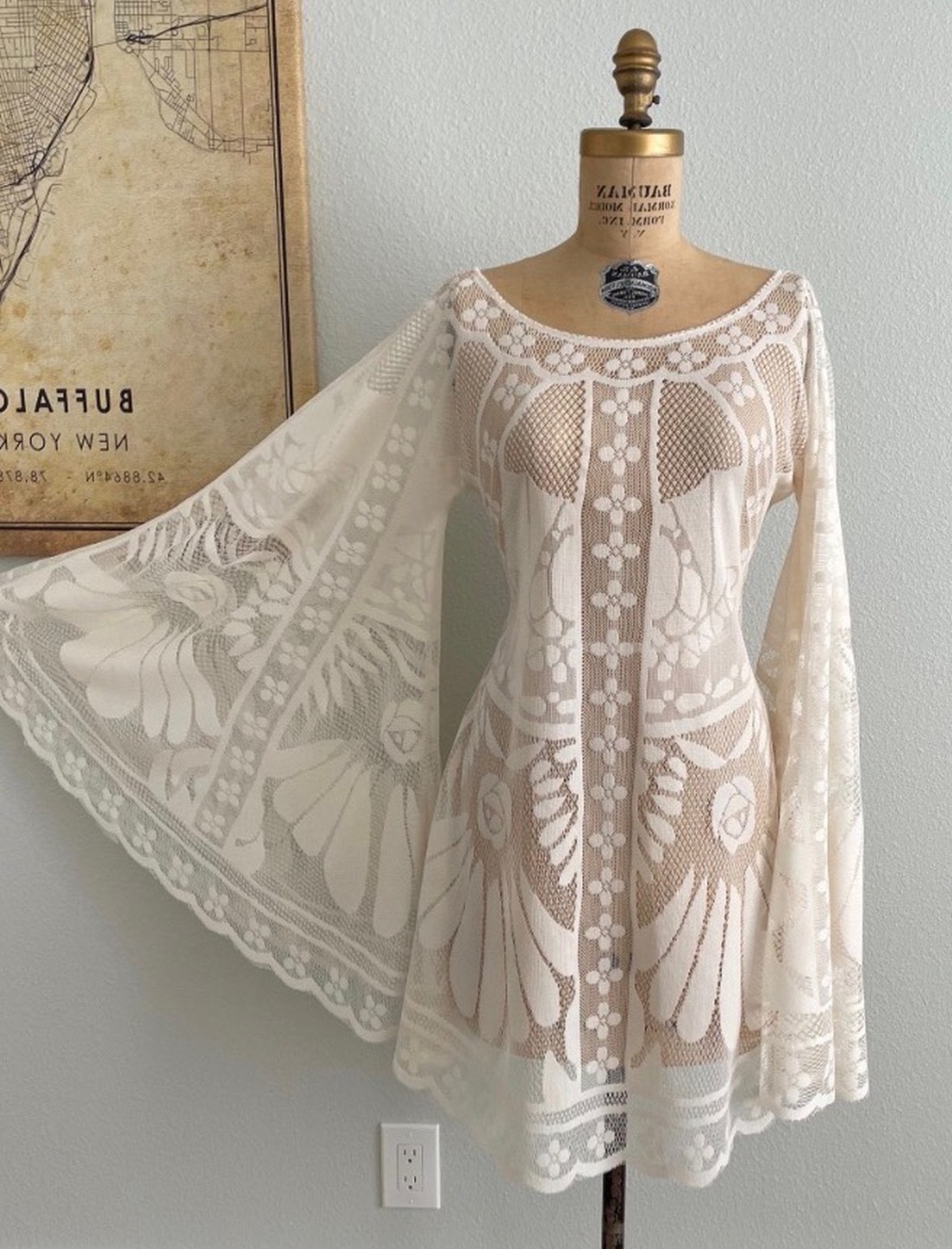 Lace Boho Wedding Dress with Bell Sleeves Elopement XS-3X