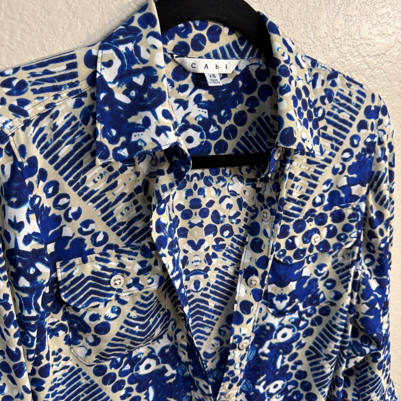 Cabi Blue Cream Geometric Kaleidoscope Print Button Down Shirt Dress Coastal XS