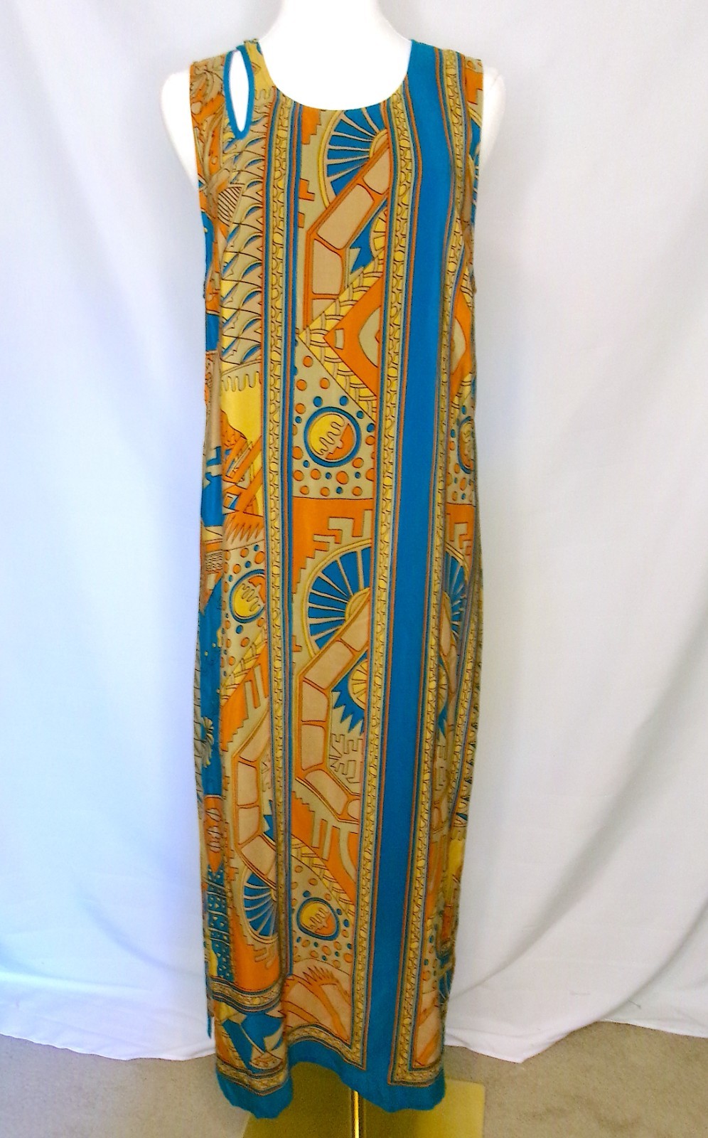 100% Silk Art Deco Print Maxi Dress Womens 12 Blue Gold Sleeveless Lined