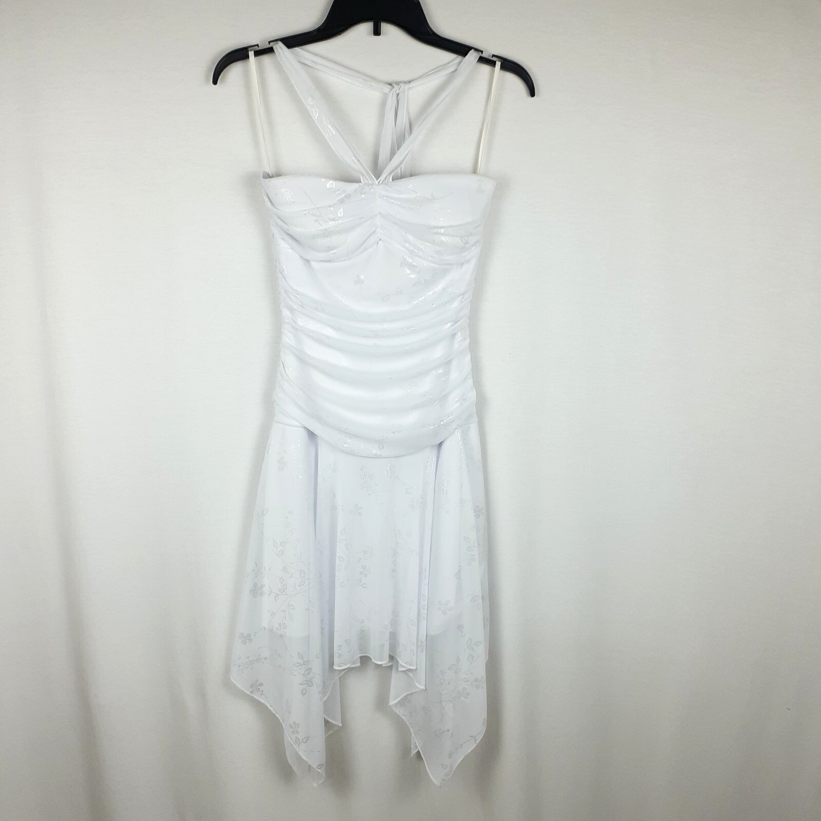 Finesse Womens Halter Dress Size M White Stretch Ruched Sides Handkerchief Hem