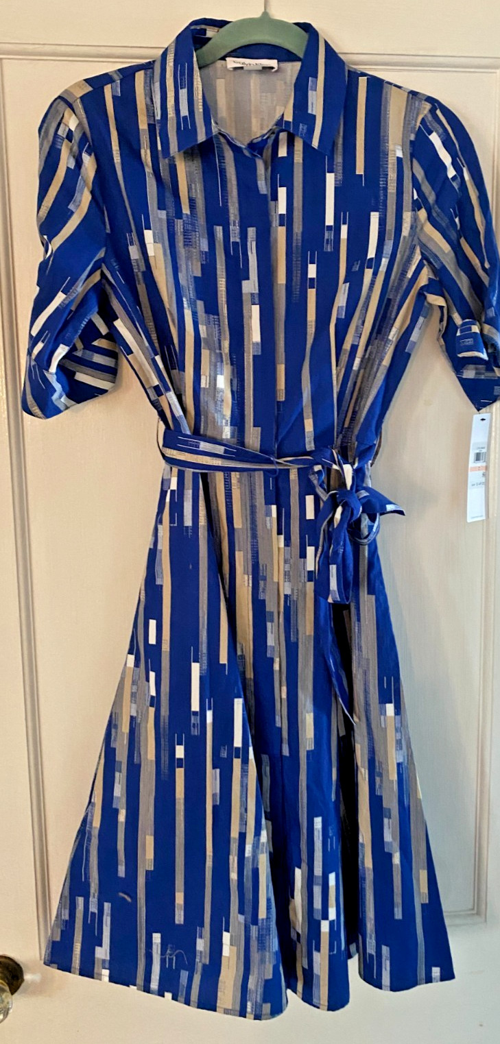 NWT Calvin Klein Cotton Short Sleeve Shirt Dress Belted size 2 Blue