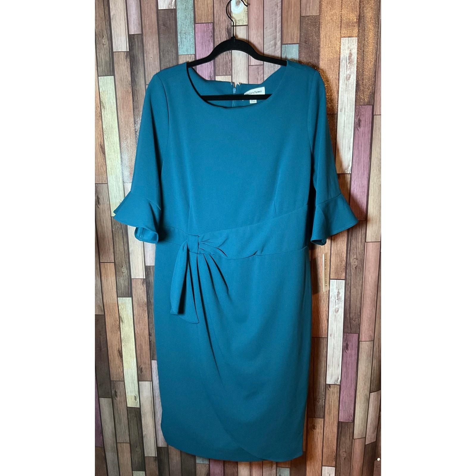 Teal Sheath Dress Ruffled Bell Sleeves Gathered Waist Detail Women’s Size 16 NWT