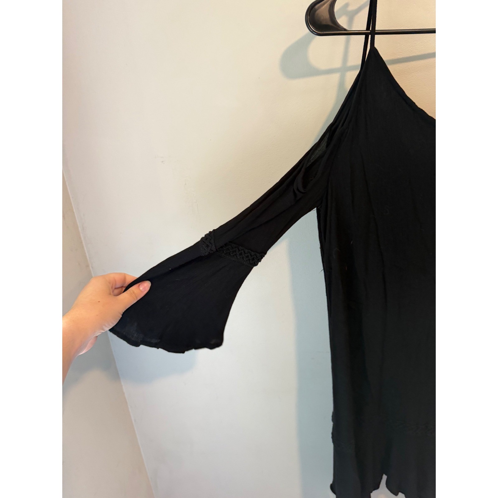Cato Black Cold Shoulder Mini Dress Crochet Lace Trim Bell Sleeve Boho Medium