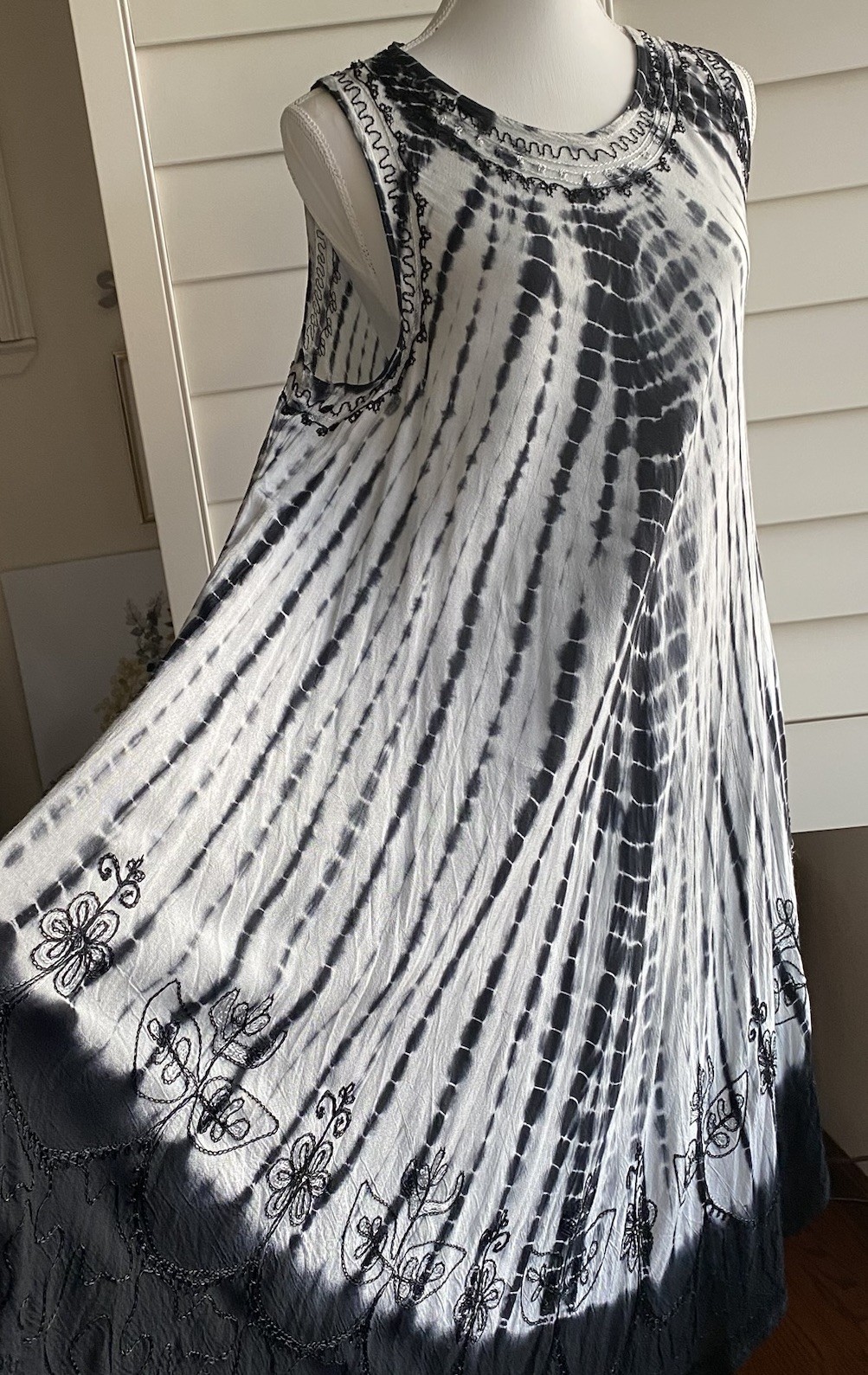 In Gear Tie- Dye Gray tank Dress 100% Rayon Embroidered Swing OS Hi Low Hem