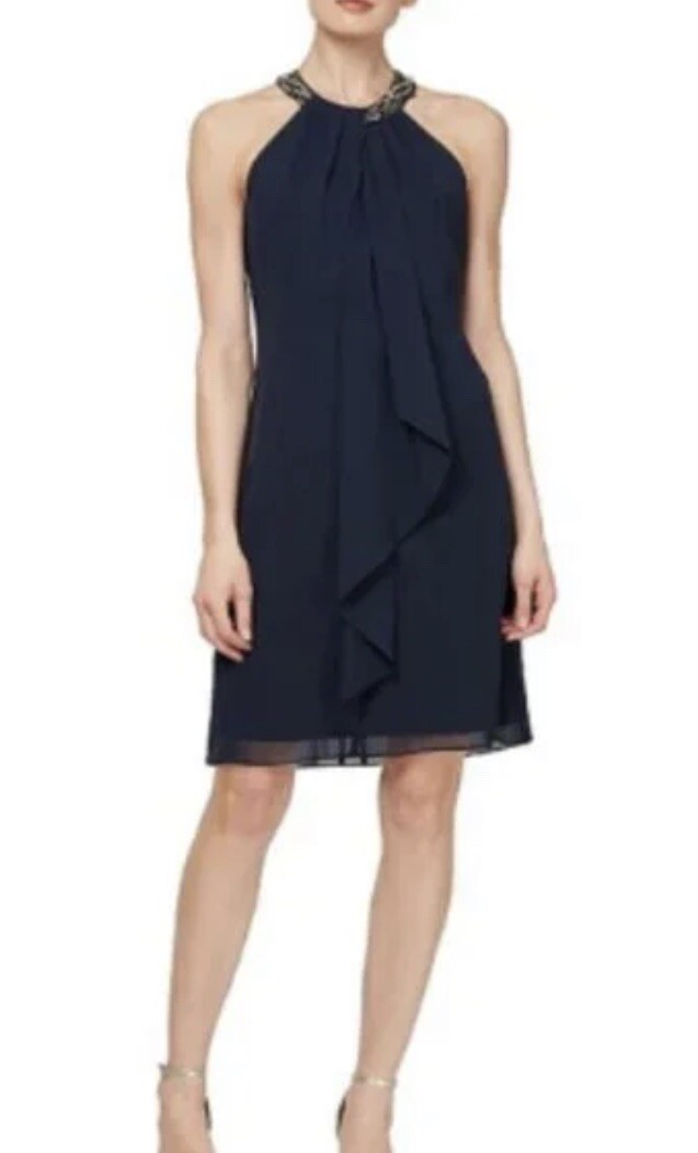 SLNY Ignite Evenings Beaded Braid Halter Neck Chiffon Ruffle Dress Size 8 NWOT