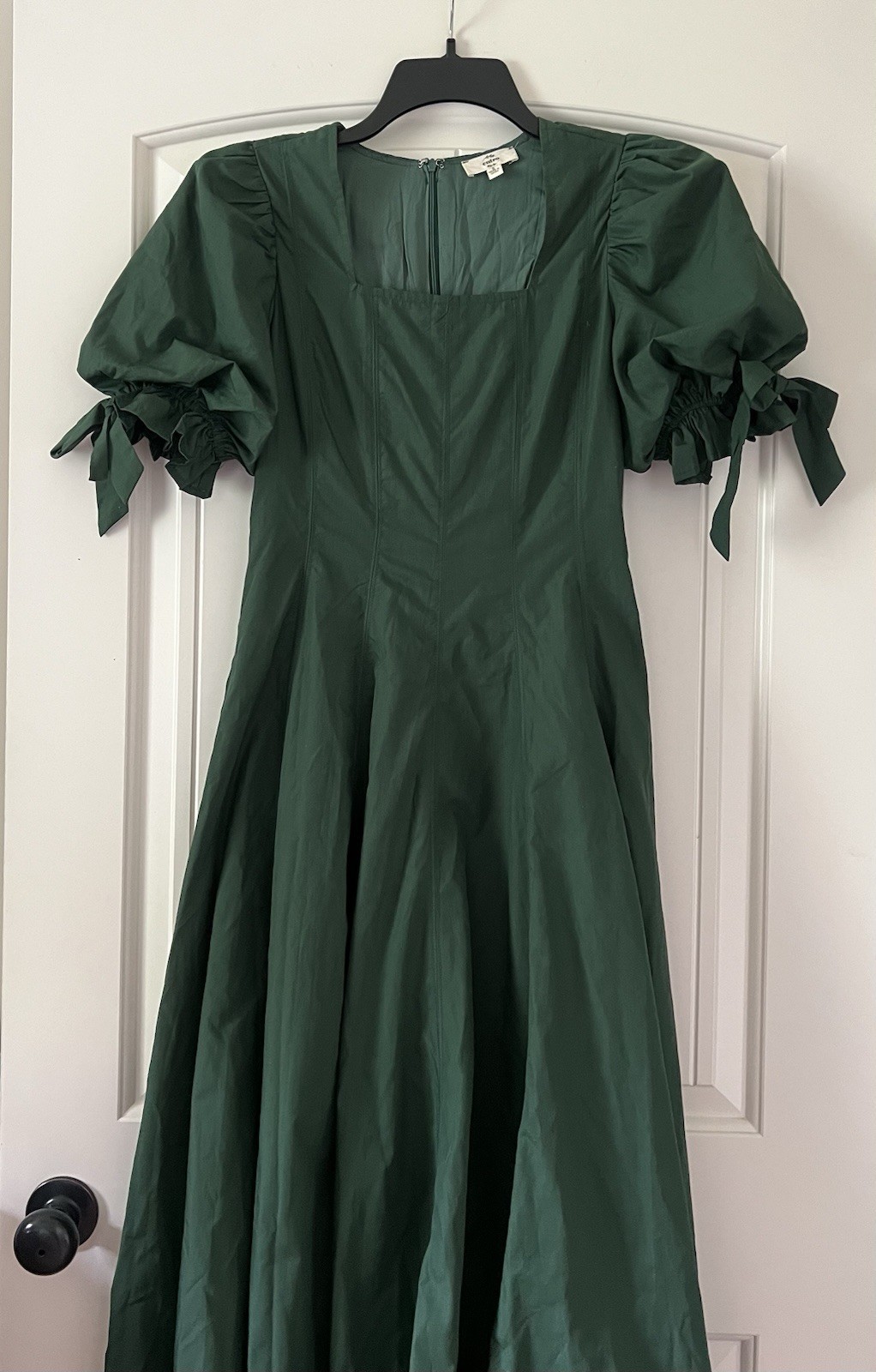 Entro Midi Dress Emerald Green Cotton Puff Sleeve Tie Detail Bodice Size Small