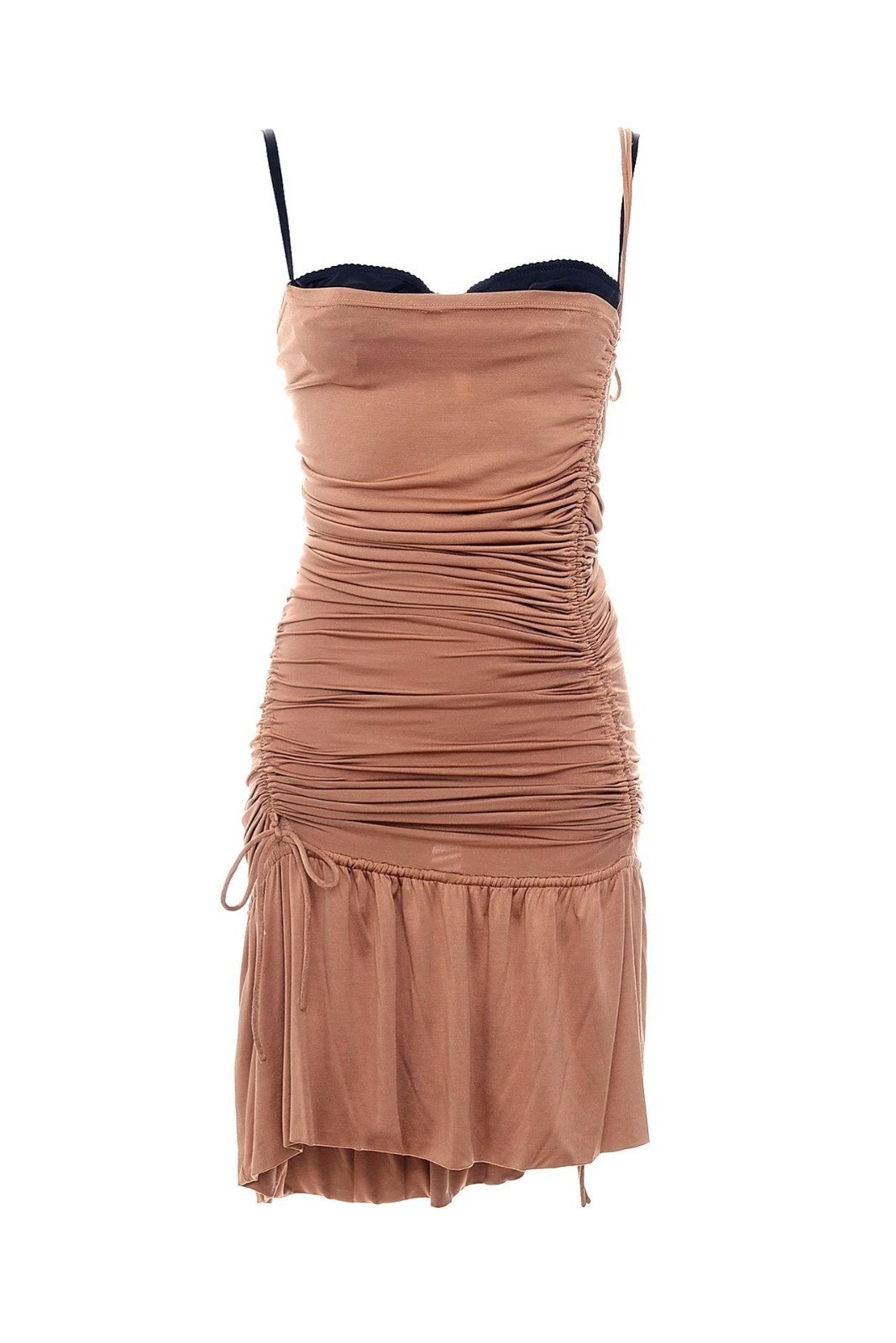 NWOT Dolce & Gabbana Tan Ruched Jersey Black Bra Asymmetrical Dress (IT44, US8)