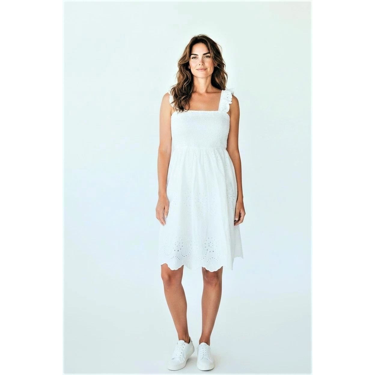 Andree by Unit Ivory Eyelet Dress Smocked Ruffle Strap Midi White Small NWT