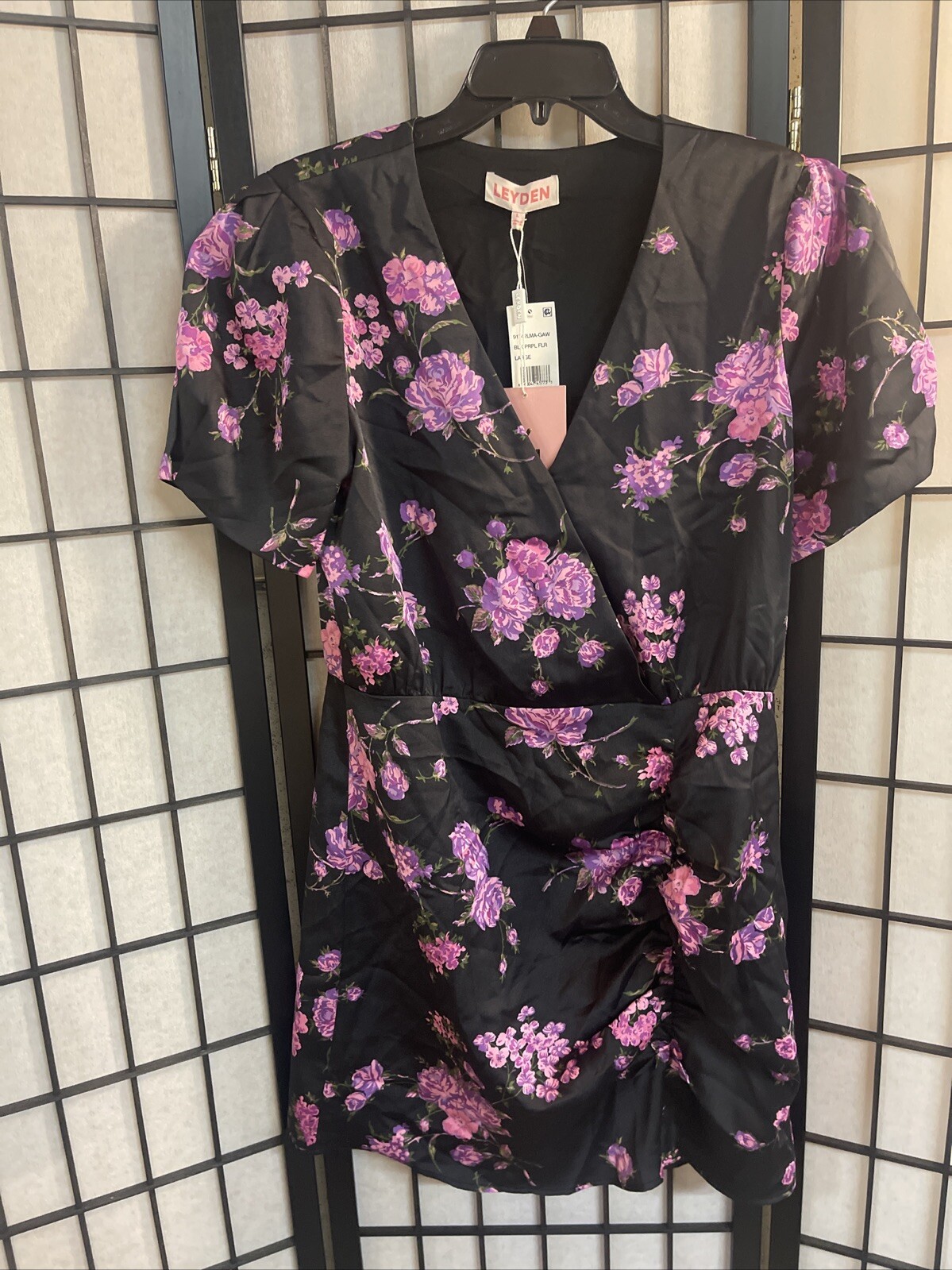 Leyden Black and Purple Floral Mini Dress NWT Wedding Guest Dress Large A13