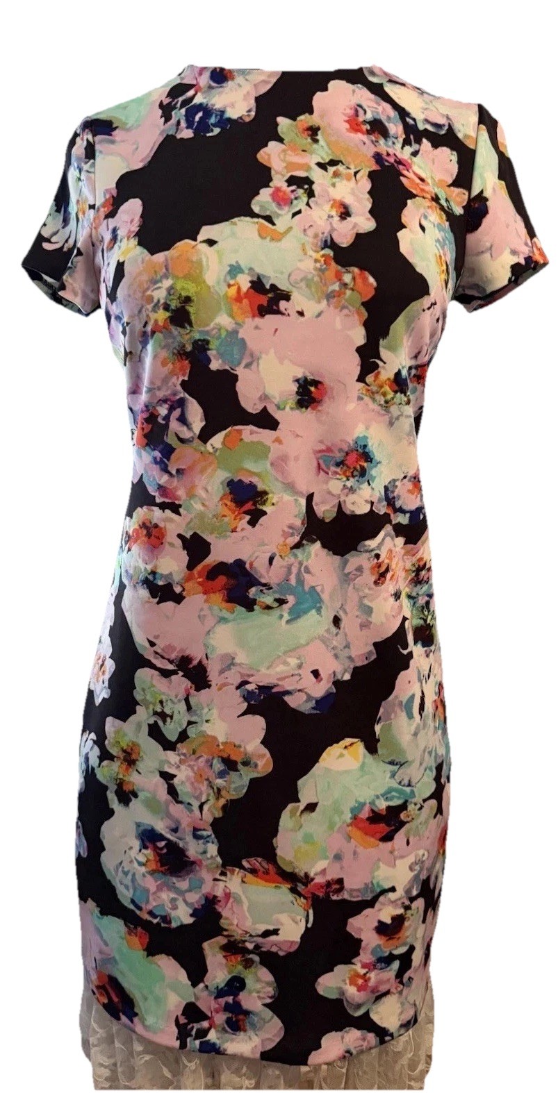 Neiman Marcus Women’s Short Sleeve Floral Neoprene Midi Dress Size Small New