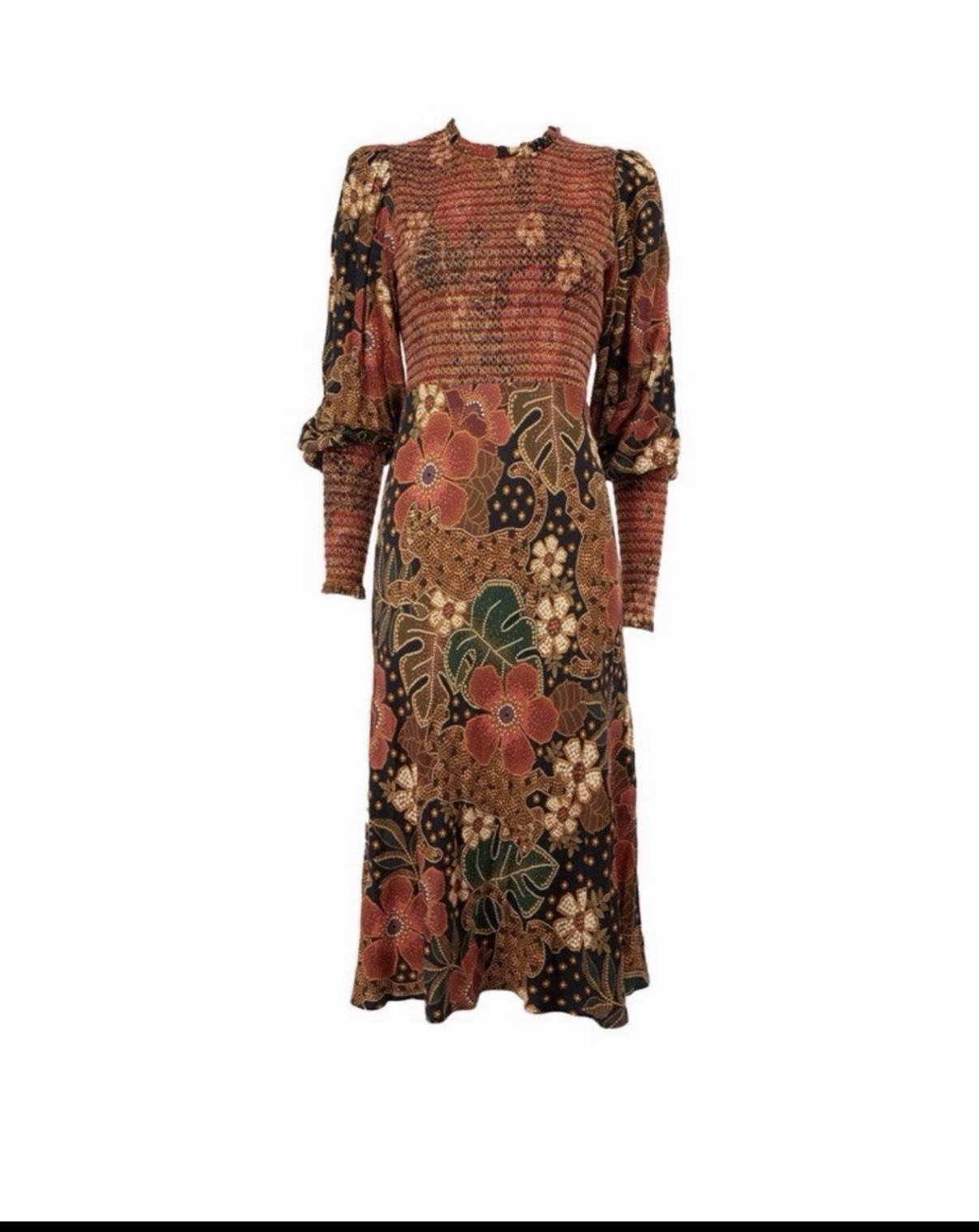 Farm Rio Midi Dress Flowered Leopard Womens M Crepe Puff Sleeve Boho Fall Hippie