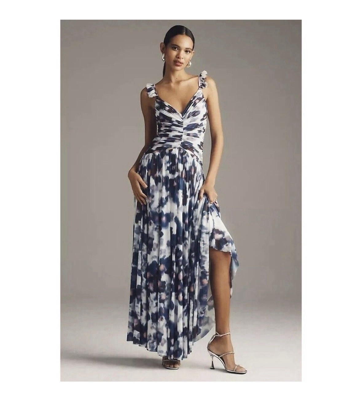 BHLDN by Anthropologie Blue Purple Abstract V-Neck Ruched Maxi Dress M