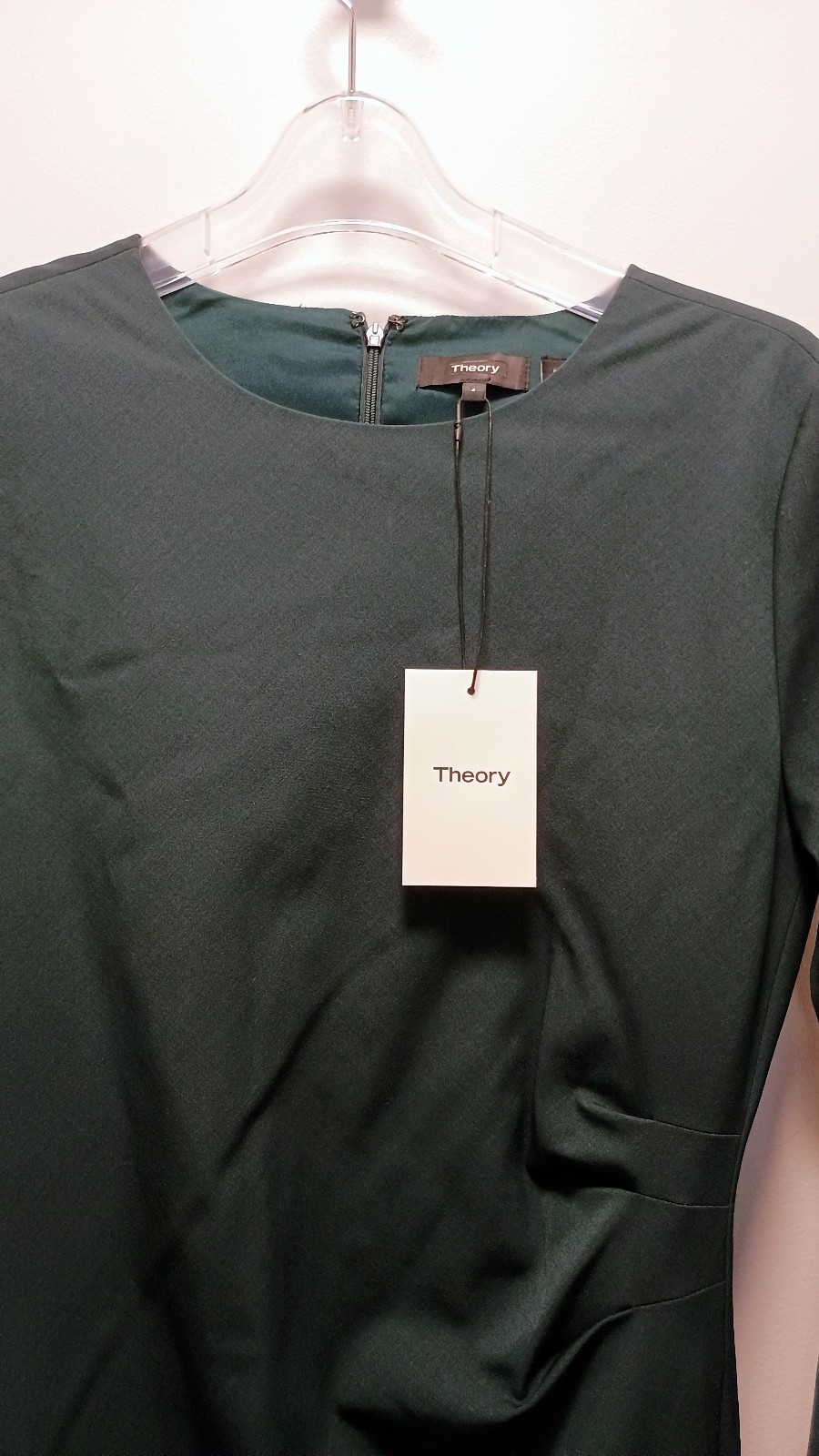$448 NWT Theory Stretch Wool Long Sleeve Dark Green Sheath Any Occasion Dress 4