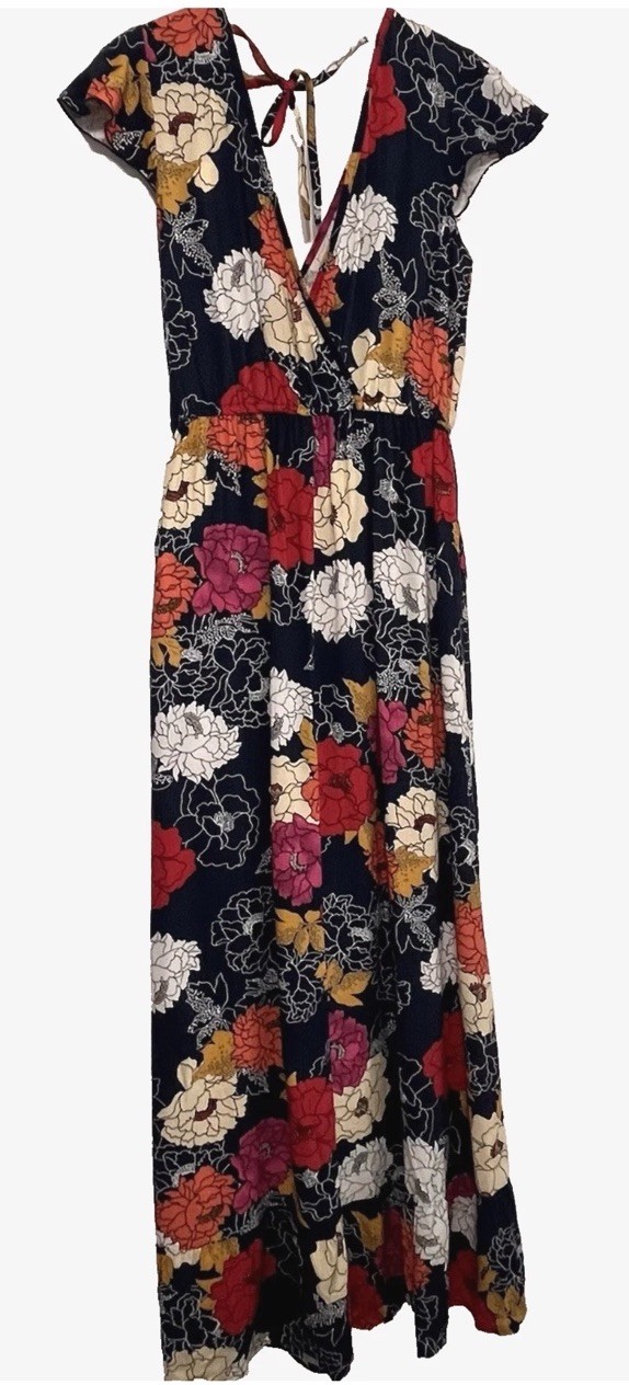 Band of the Free Navy Fuchsia Floral Maxi Dress Short Sleeves Tie Size XS