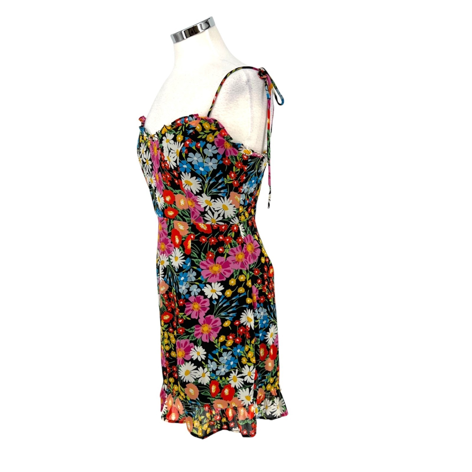 Sugarlips Lupita Floral Tie Strap Ruffle Mini Dress Black Multicolor Size Medium
