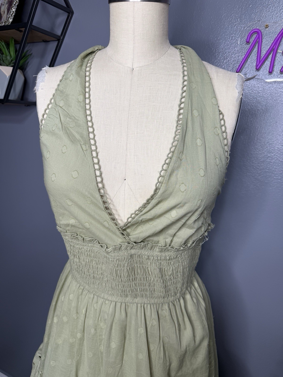 Cotton Halter Tiered Maxi Dress with Eyelet Lace Trim and Ruffles Size L