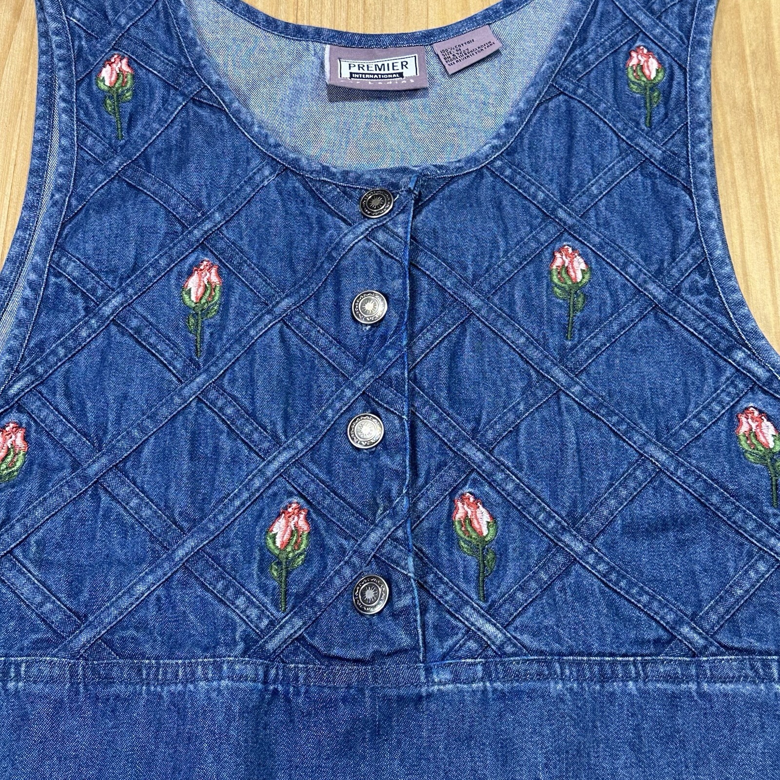 Premier International Embroidered Denim Jumper Dress MED Maxi Cottagecore