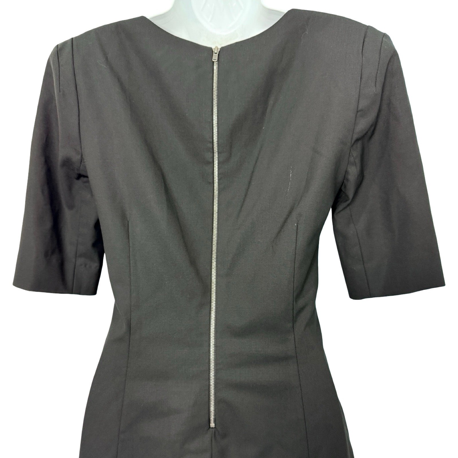 Theory Black Half Sleeve Round Neck Pleated Center Back Zip Sheath Dress size 10