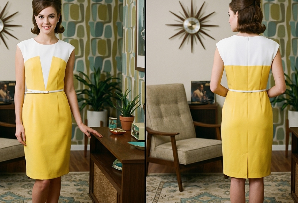 Womens Retro Look Calvin Klein Belted Yellow/White Dress – Size 2