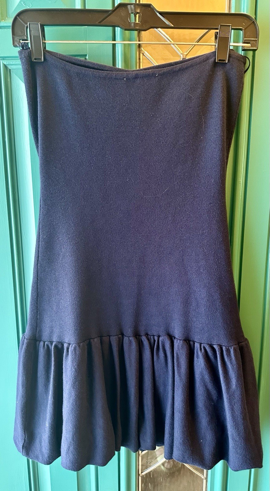Freshman 1996 Strapless Knit Mini Dress Navy Blue Drop Waist Bubble Hem Size Med